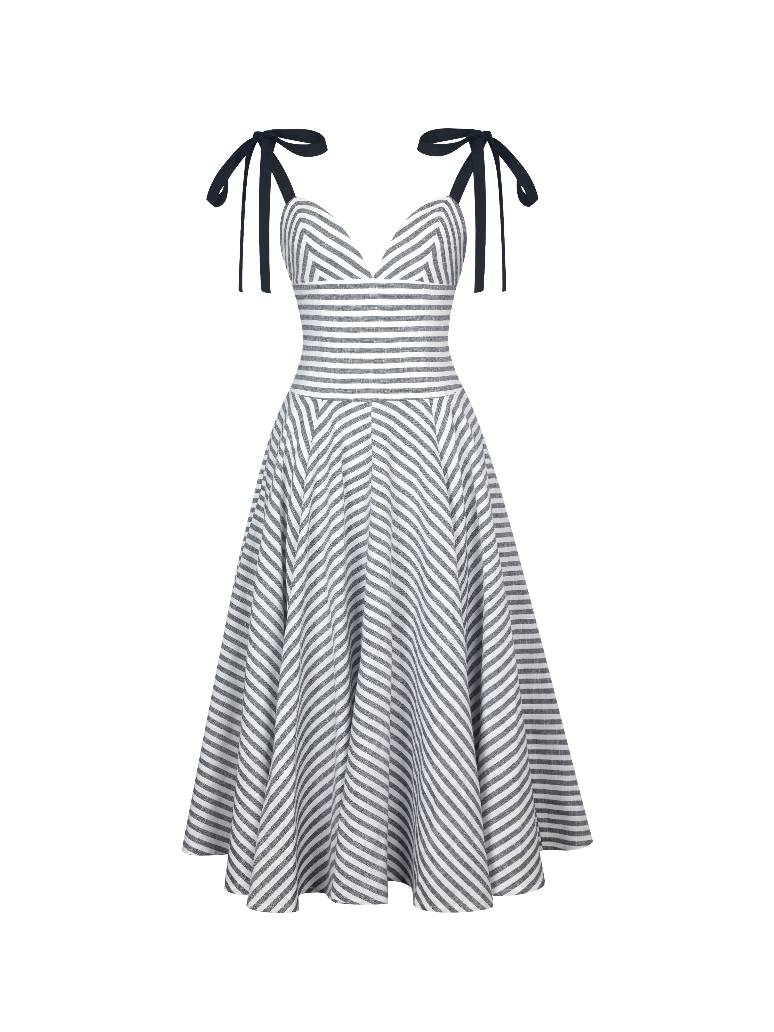 Riley Black & White Striped Linen Flared Midi Dress