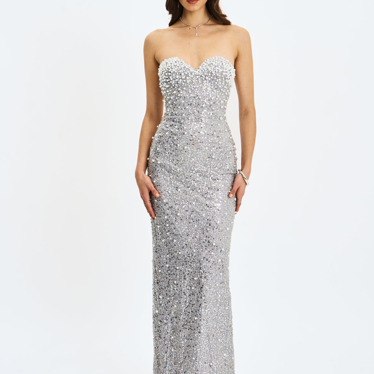 Miss Circle Women's Noelle Silver Sequin Pearl-Embellished Sweetheart Maxi Dress
