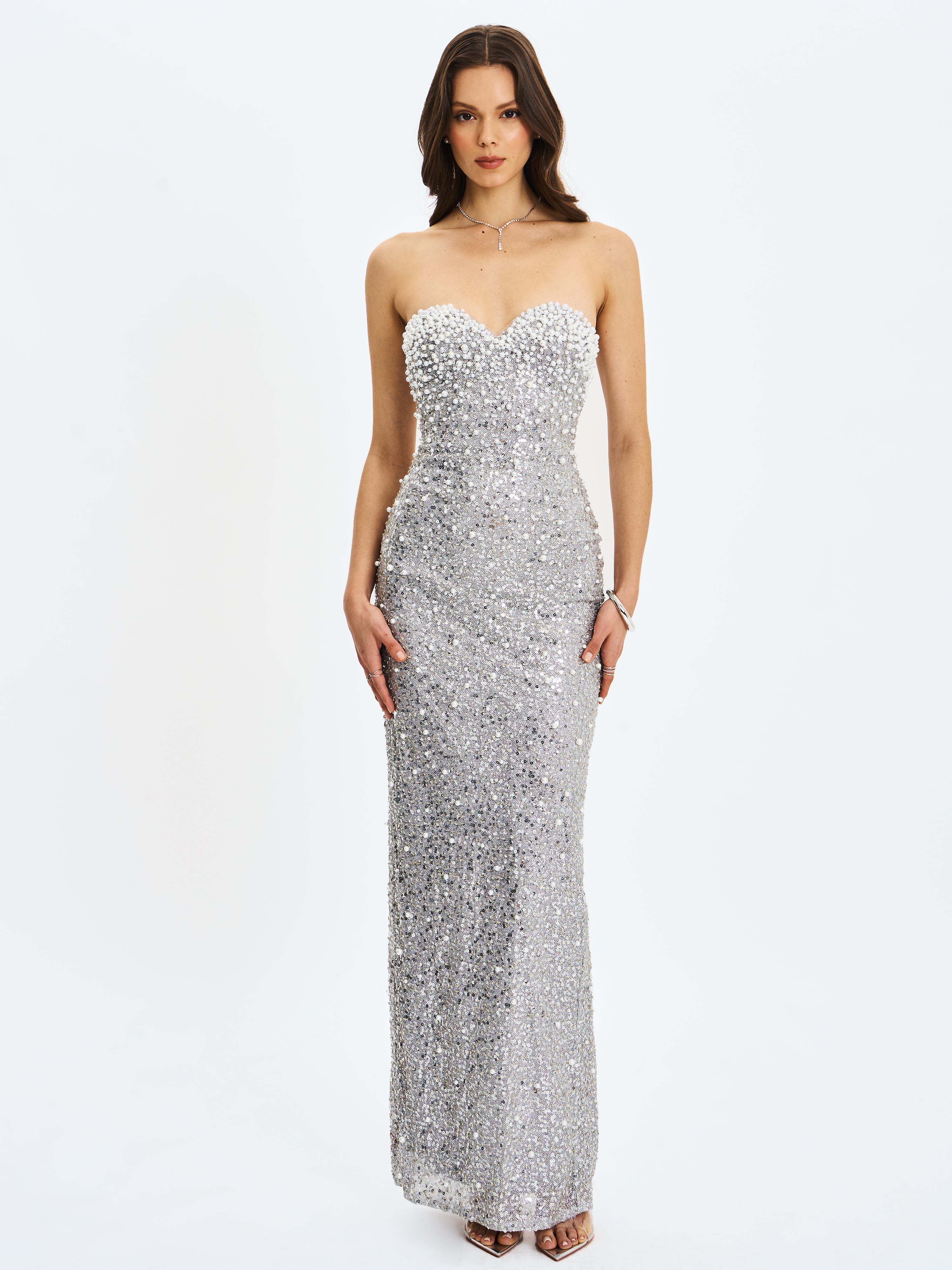 Noelle Silver Sequin Pearl-Embellished Sweetheart Maxi Dress