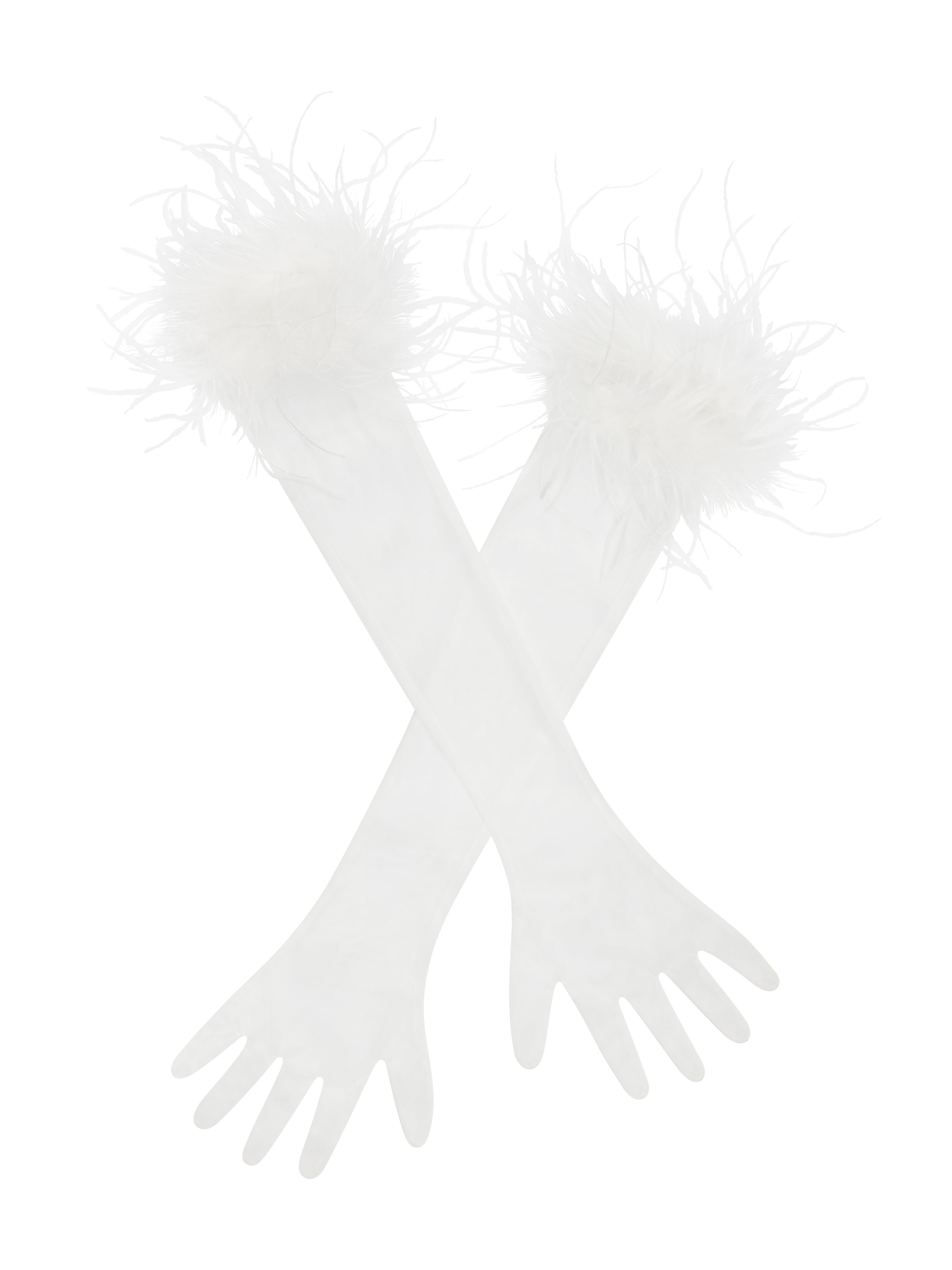 Quinn White Feather Trimmed Opera-Length Gloves