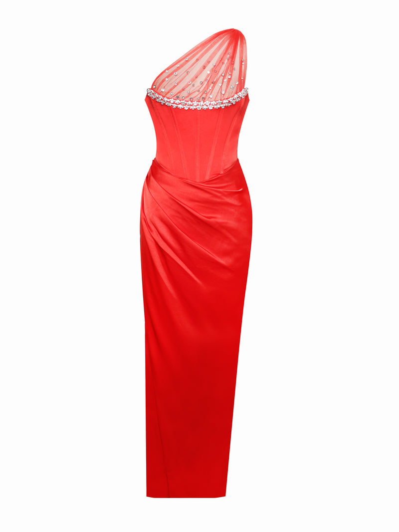 Lora Scarlet Crystal Embellished Mesh Satin Corset Gown