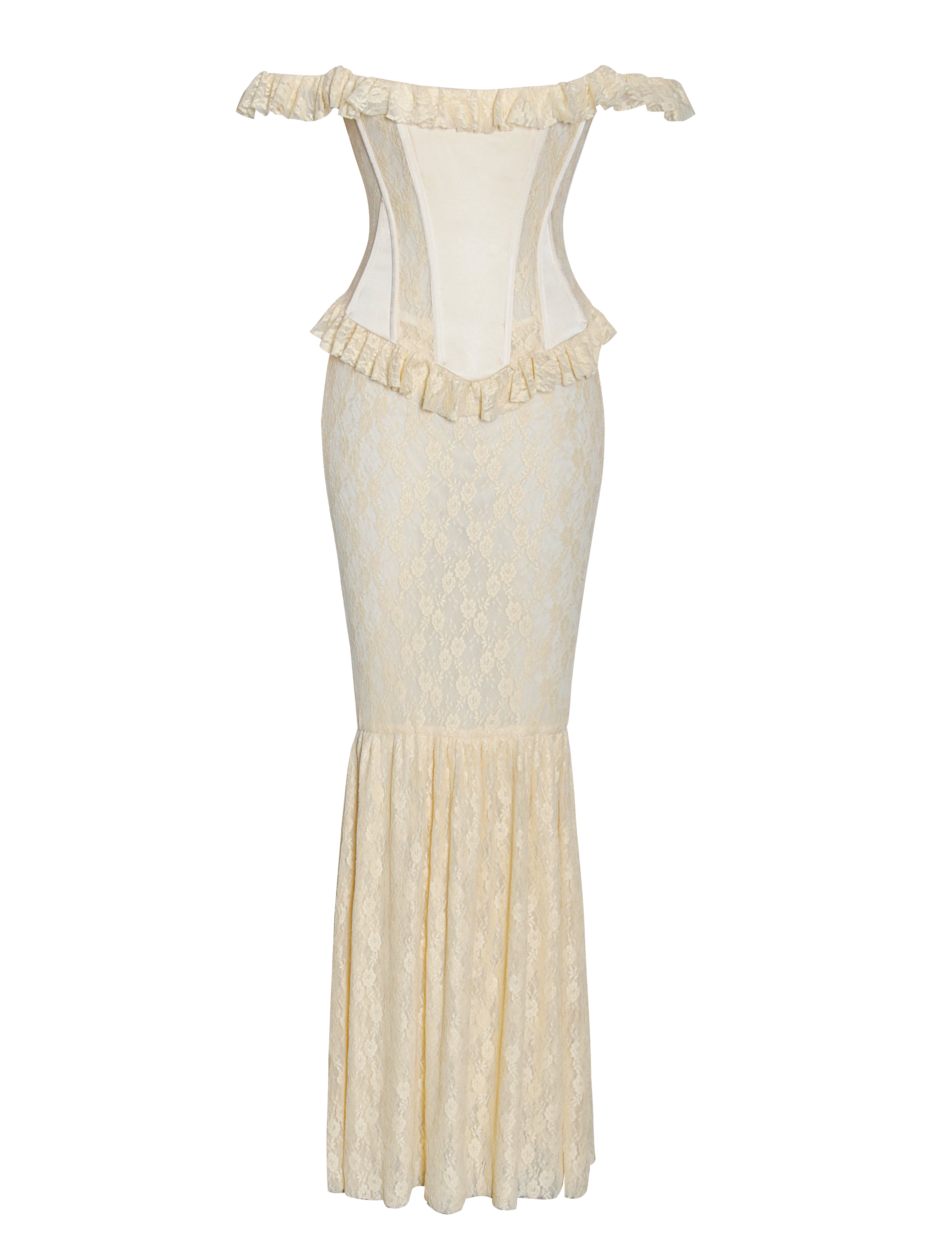 Miss Circle Women's Ersilia Pale Yellow Satin Lace Peplum Corset Off Shoulder Maxi Dress - Pale Yellow Miss Circle Women's Ersilia Pale Yellow Satin Lace Peplum Corset Off Shoulder Maxi Dress - Pale Yellow