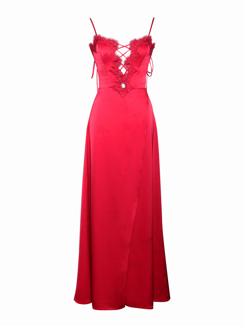 Rabia Red Lace Up High Slit Satin Dress