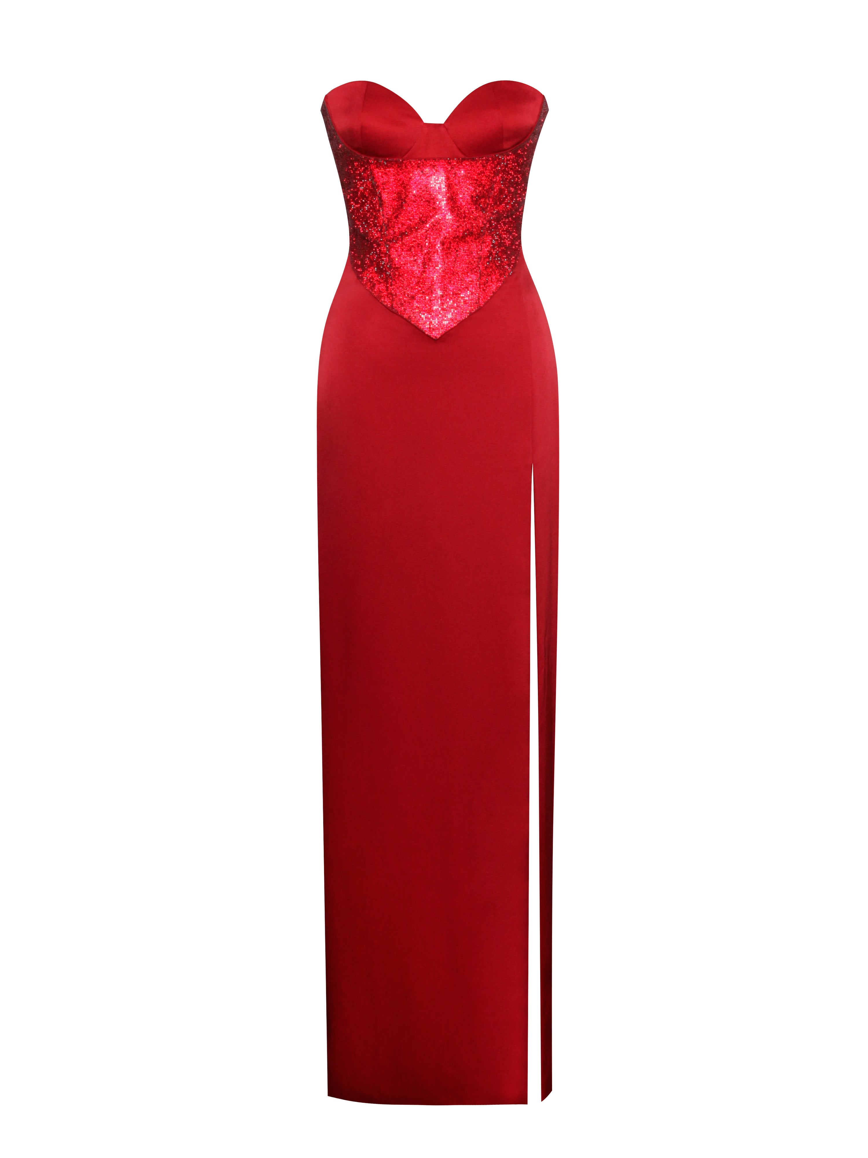 Kadesha Red Crystal High Slit Satin Corset Gown