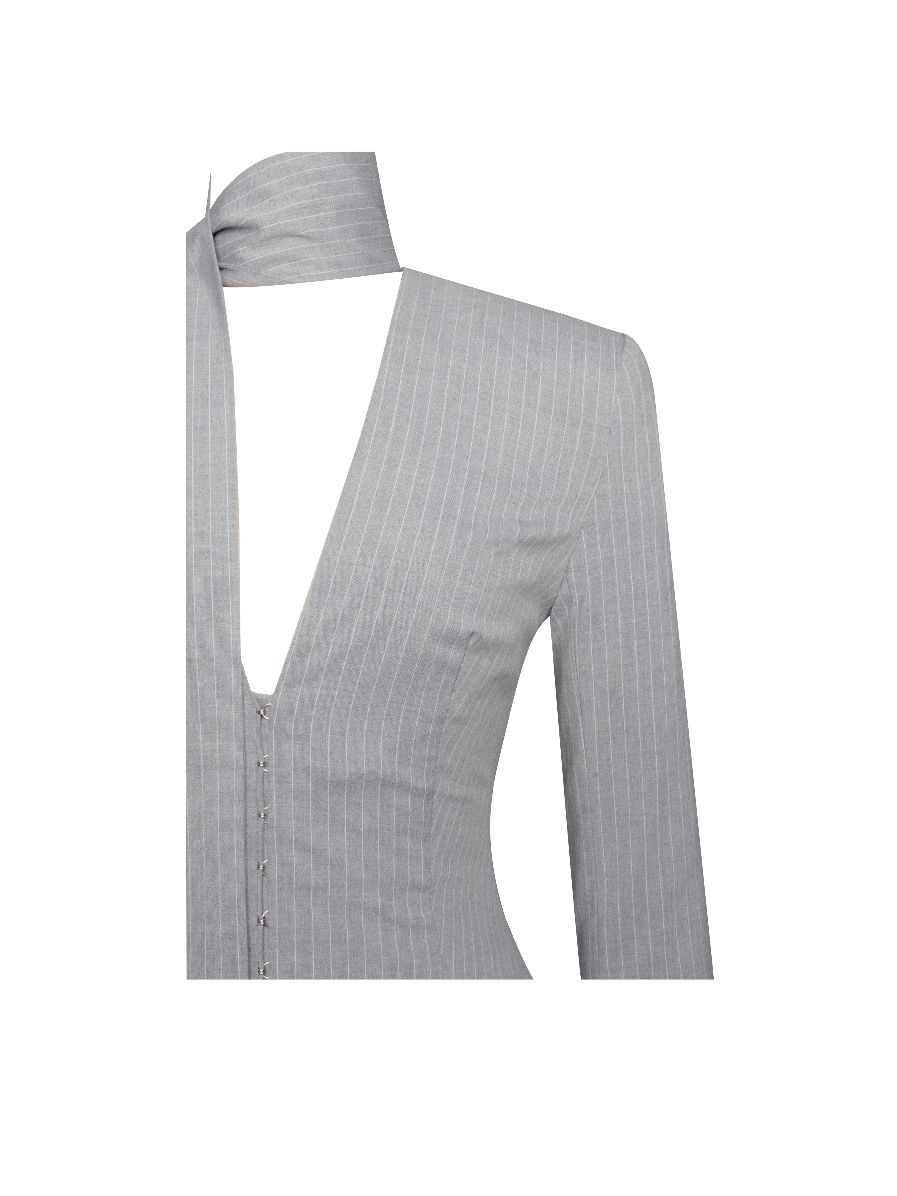 Tahlia Deep V Pinstripes Gray Blazer Dress with scarf collar