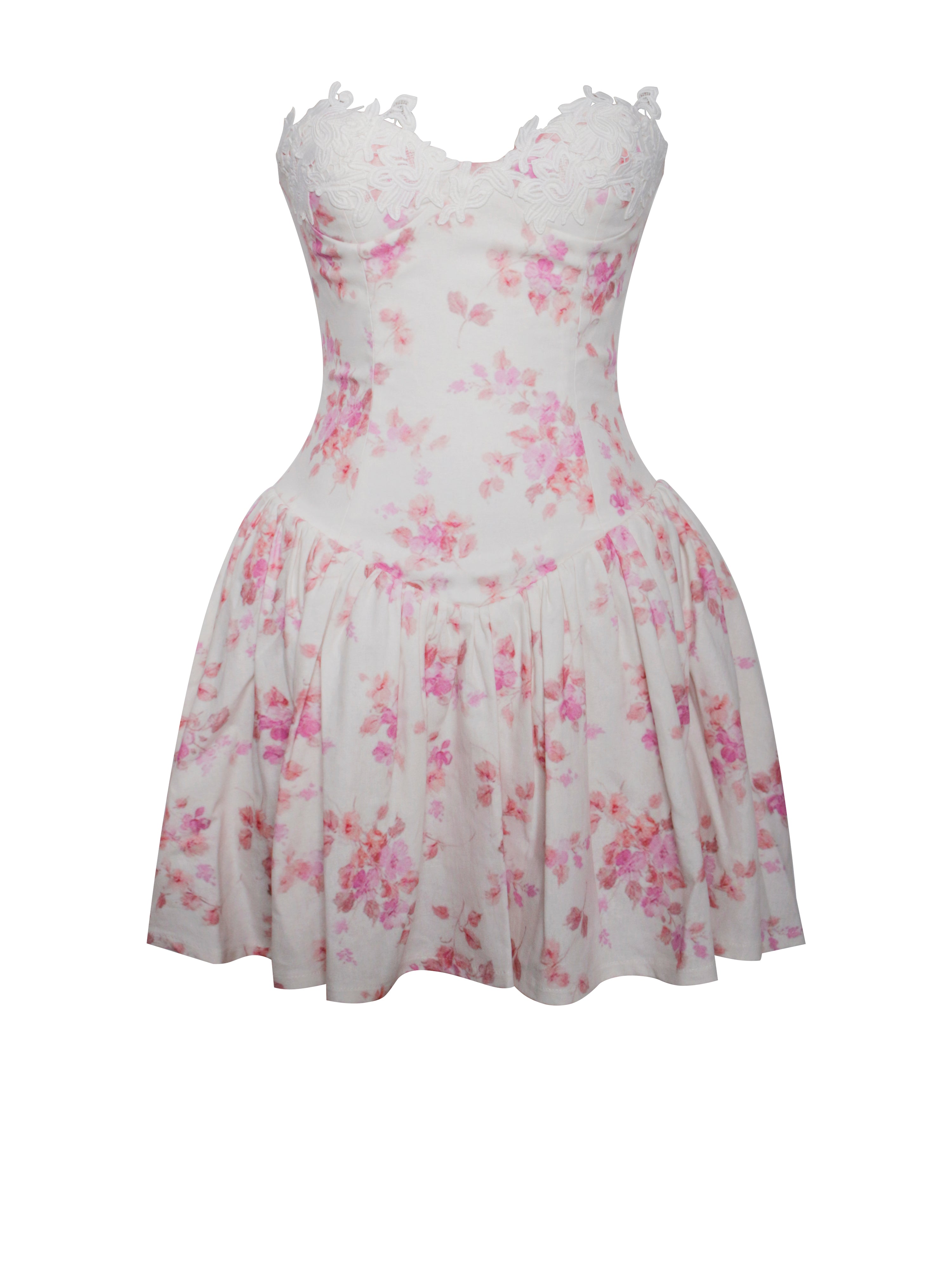 Samara Floral Drop Waist Linen Corset Puffy Mini Dress