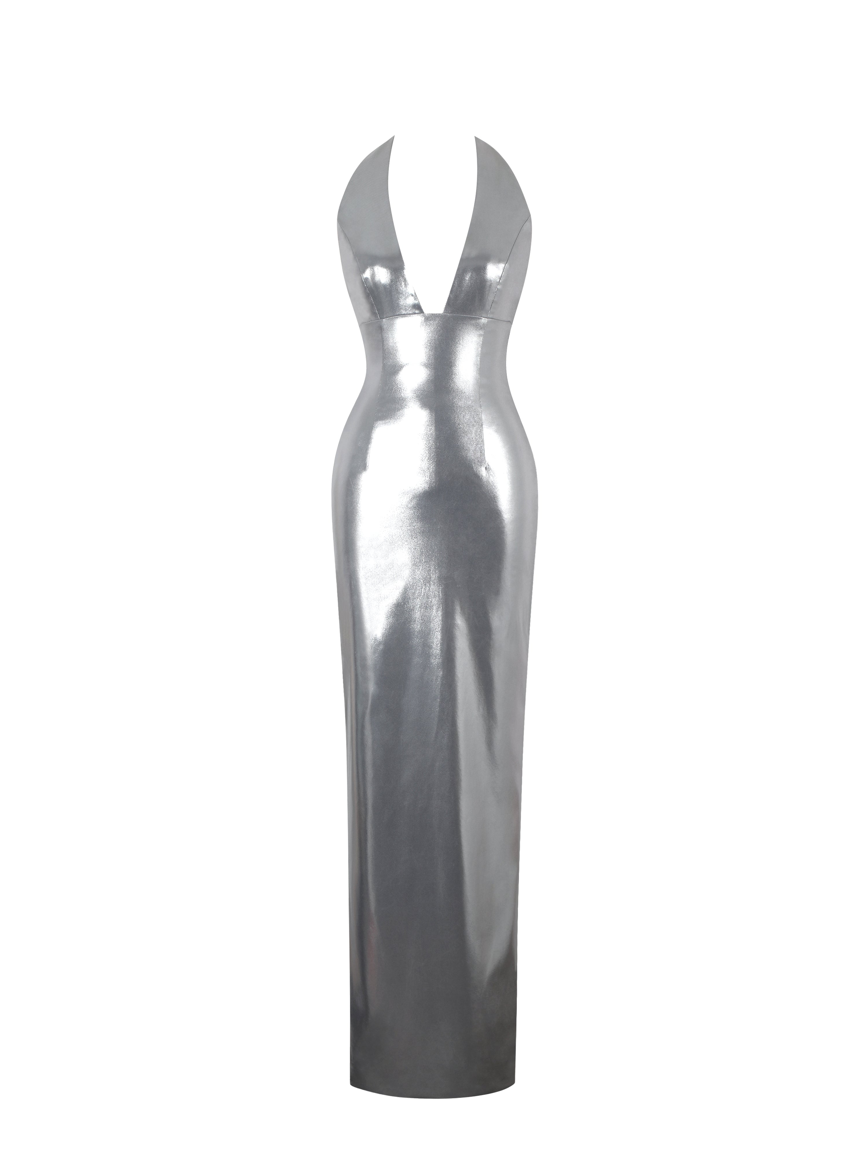 Valeska Silver Foil Plunging Sheath Maxi Dress