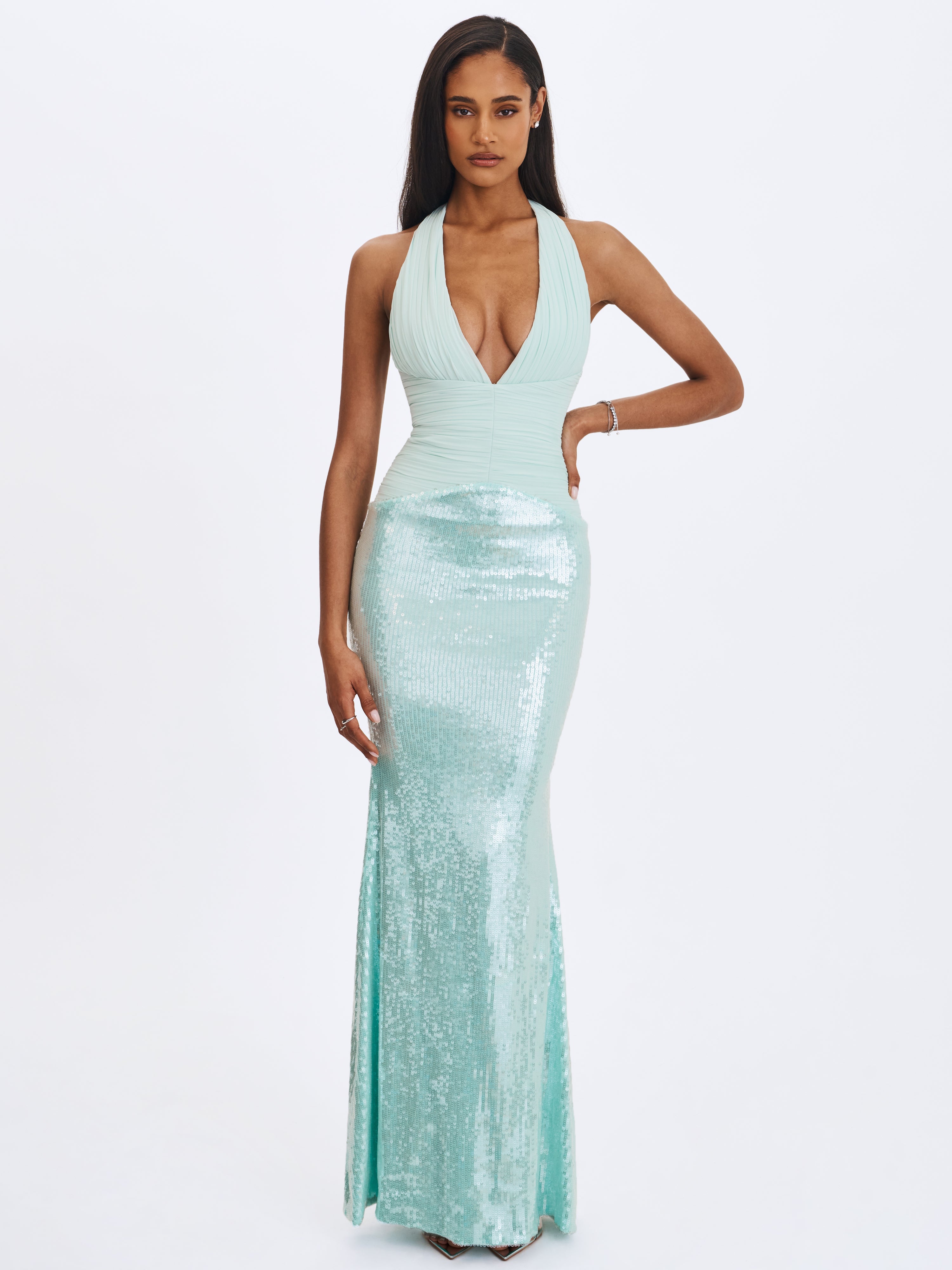 Wendale Mint Sequin Plunging Mermaid Maxi Dress