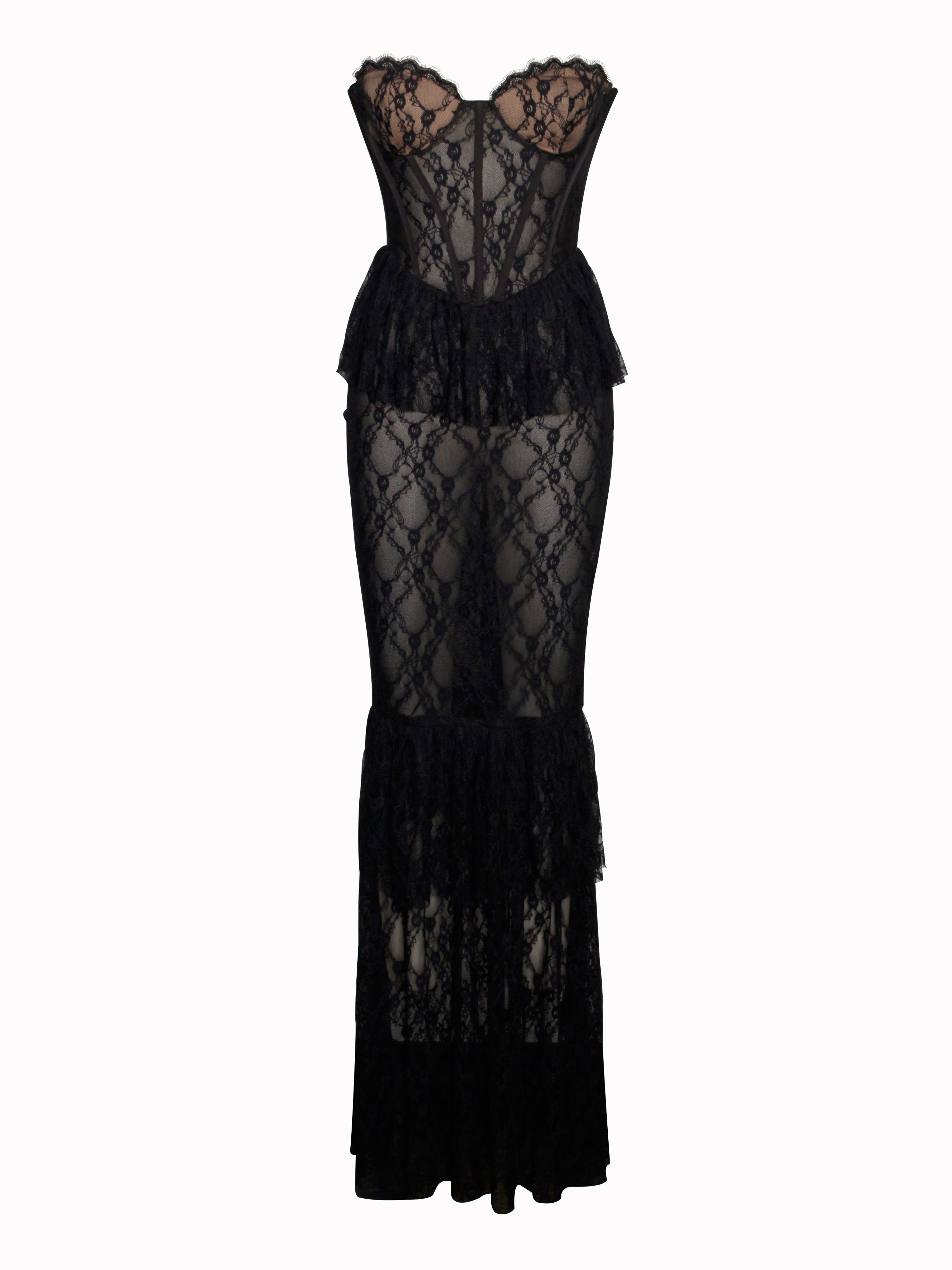 raquel black lace corset midi dress 'Raquel' Black Lace Corset Midi Dress
