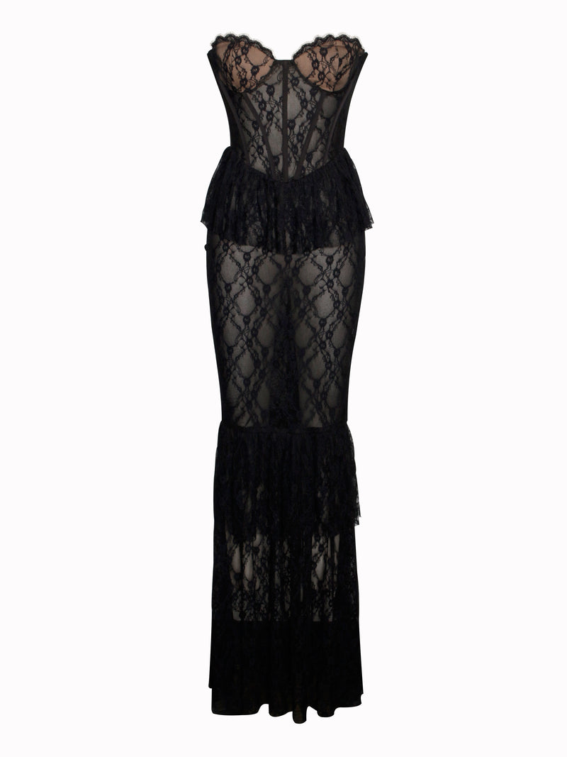 Quennell Black Lace Corset Maxi Dress