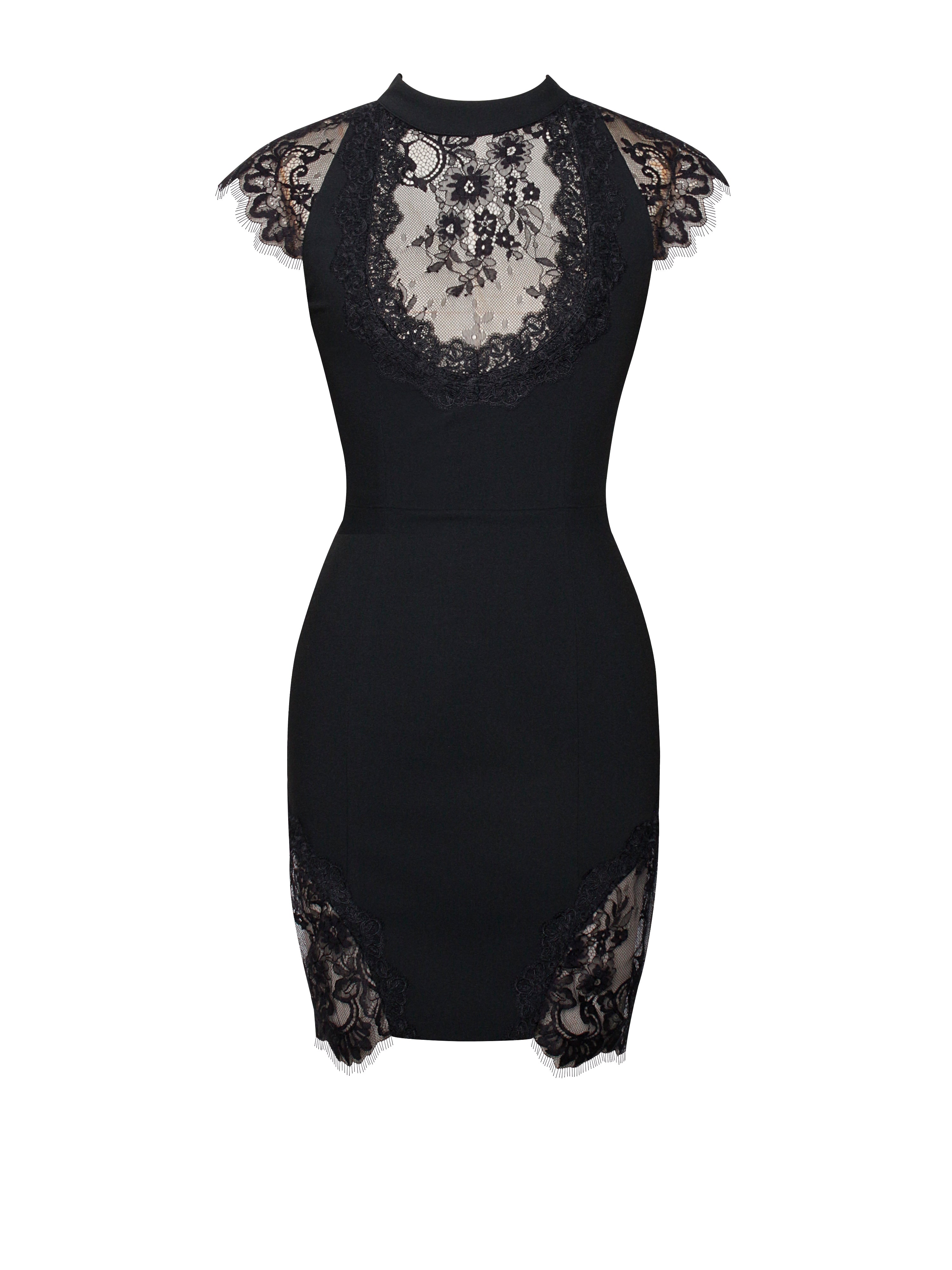 Quinella Black Lace Crepe Backless Mini Dress