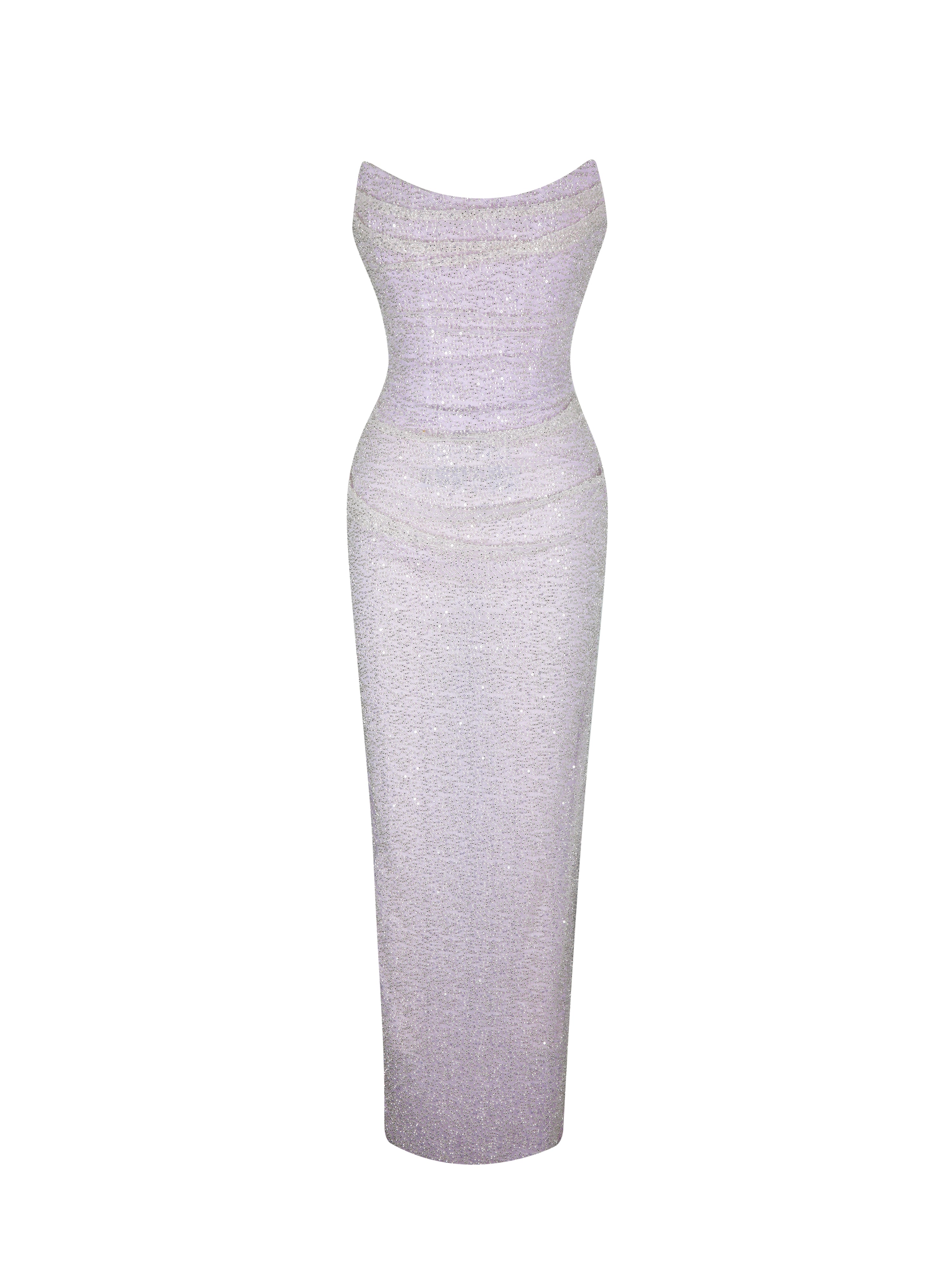 Raylee Lilac Beaded Mesh Strapless Sheath Maxi Dress