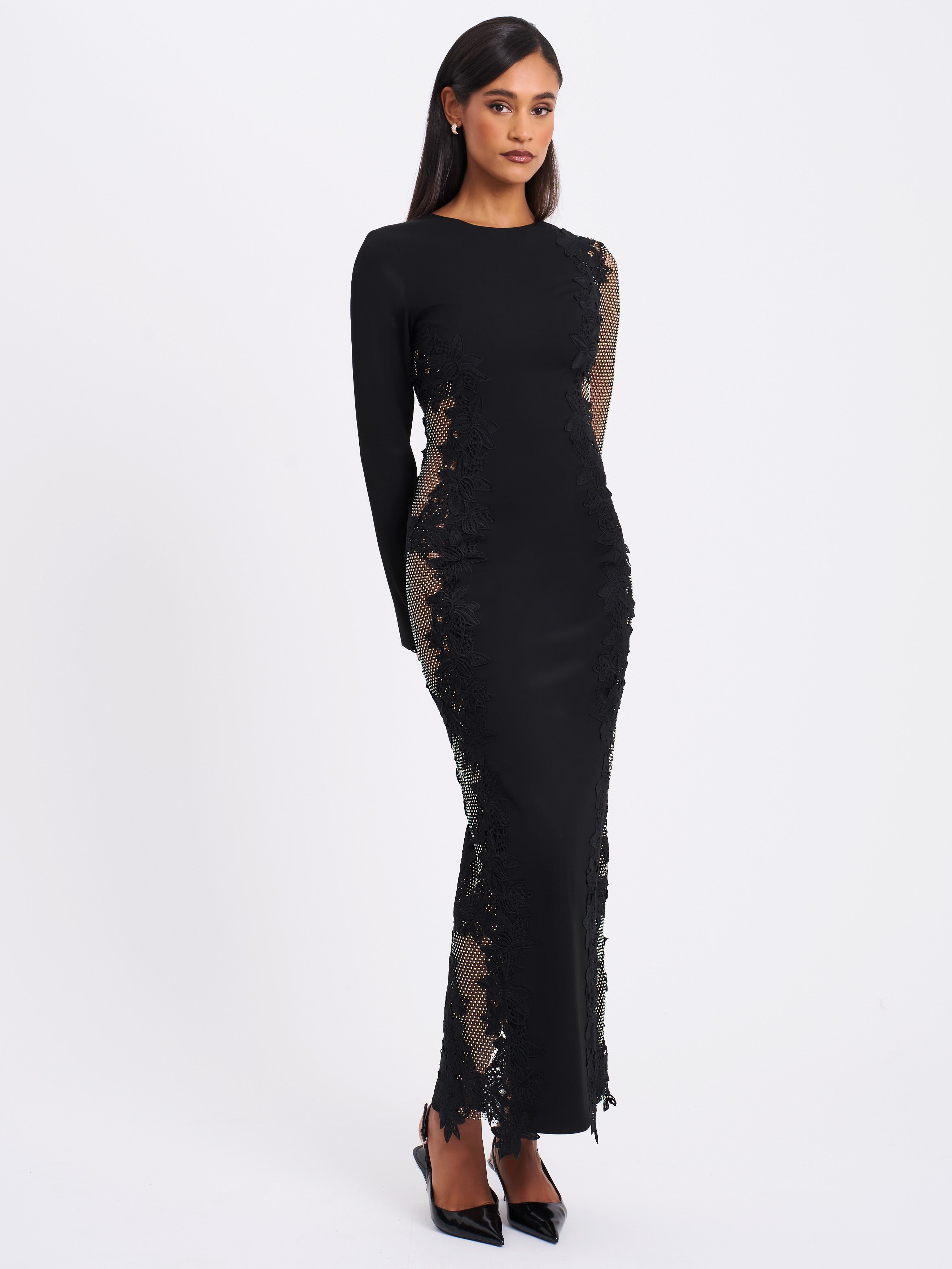 Bailey Lace Trim Crystal Net Cutout Long Sleeve Gown