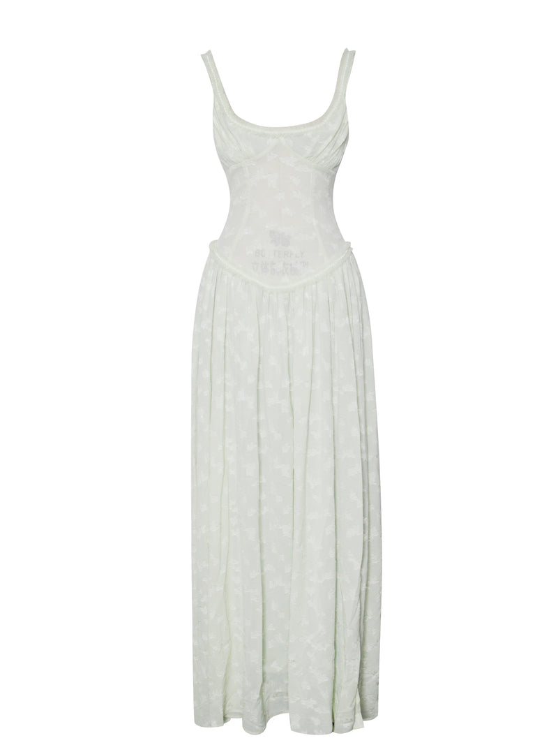 Ulissa Light Green Square Neck Jacquard Textured High Slit Maxi Dress