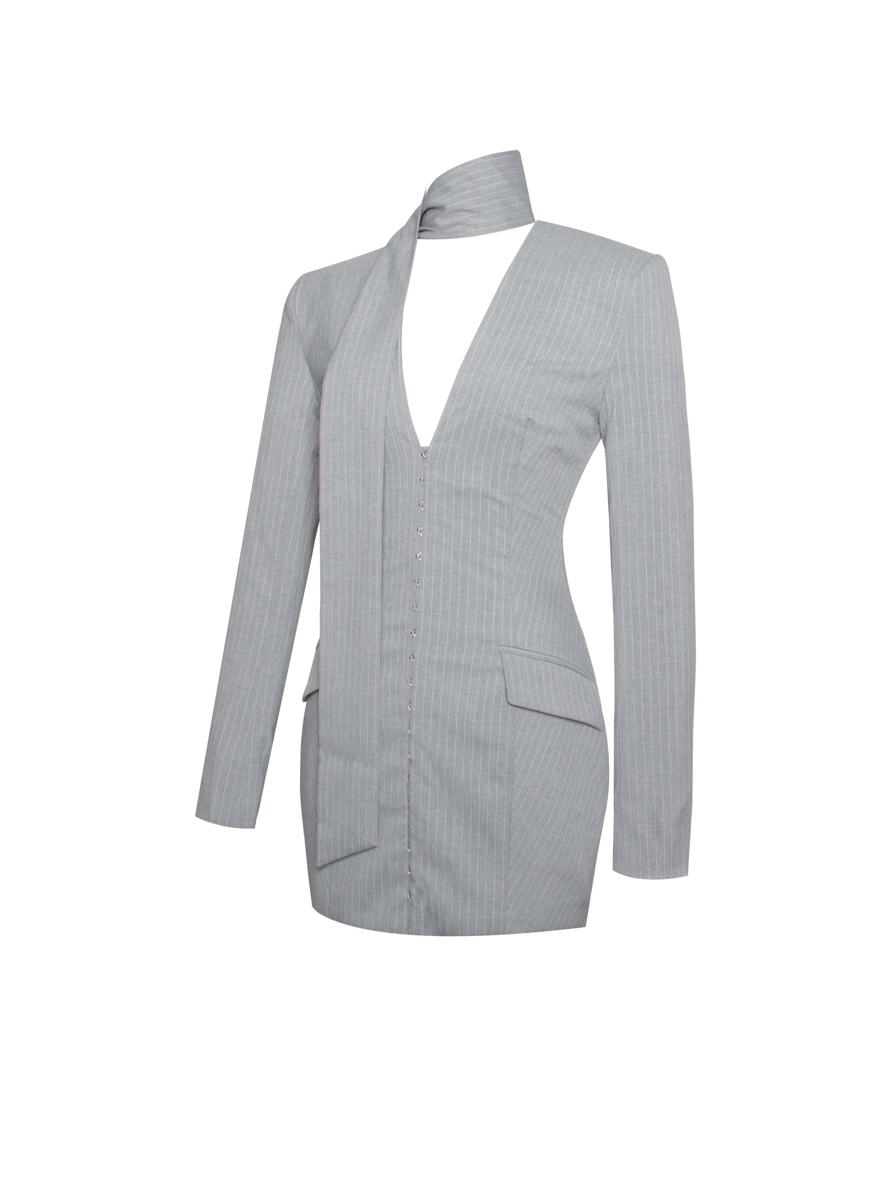 Tahlia Deep V Pinstripes Gray Blazer Dress with scarf collar