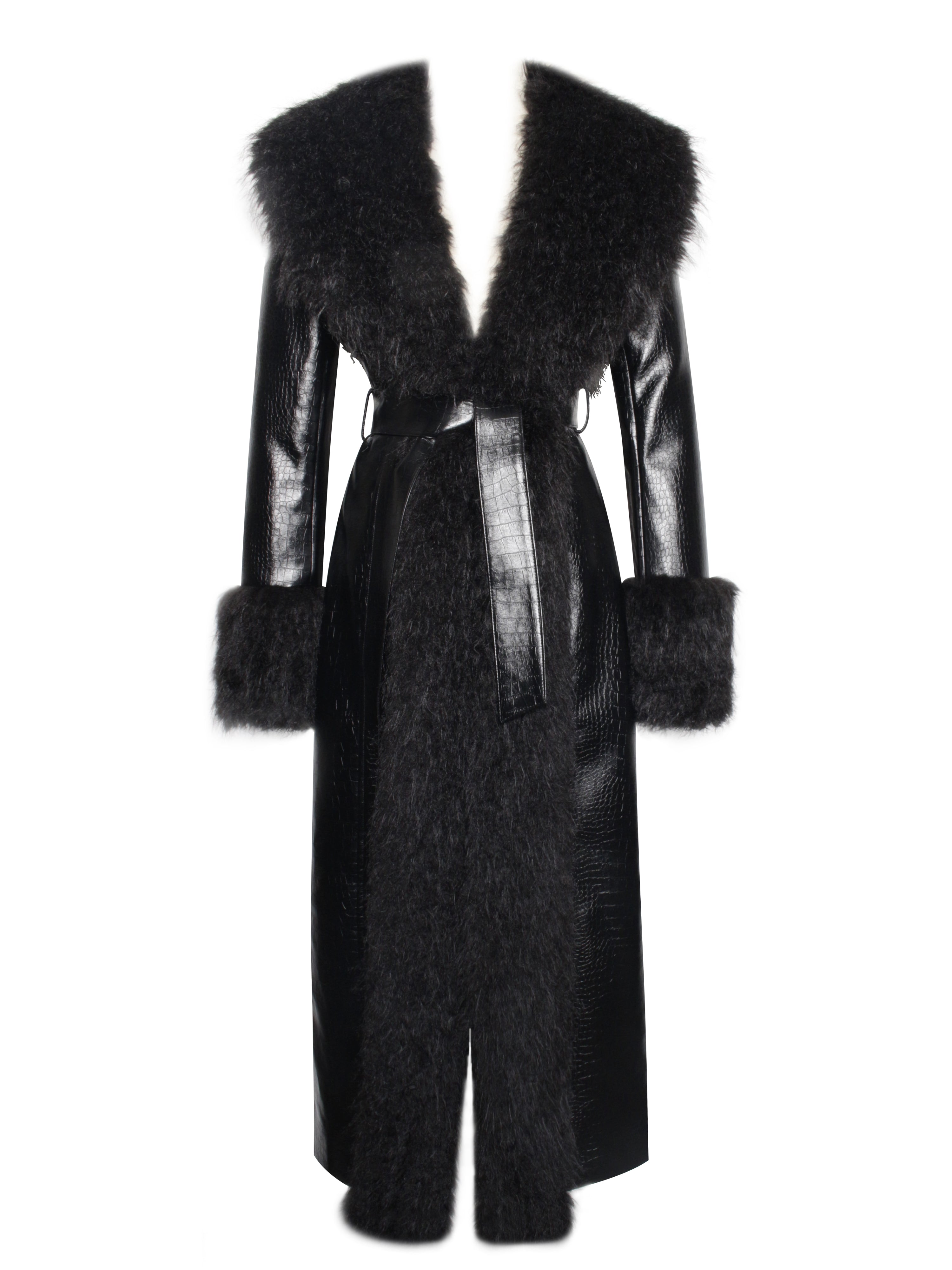 Zella Black Fur Trim Vegan Croc Leather Coat