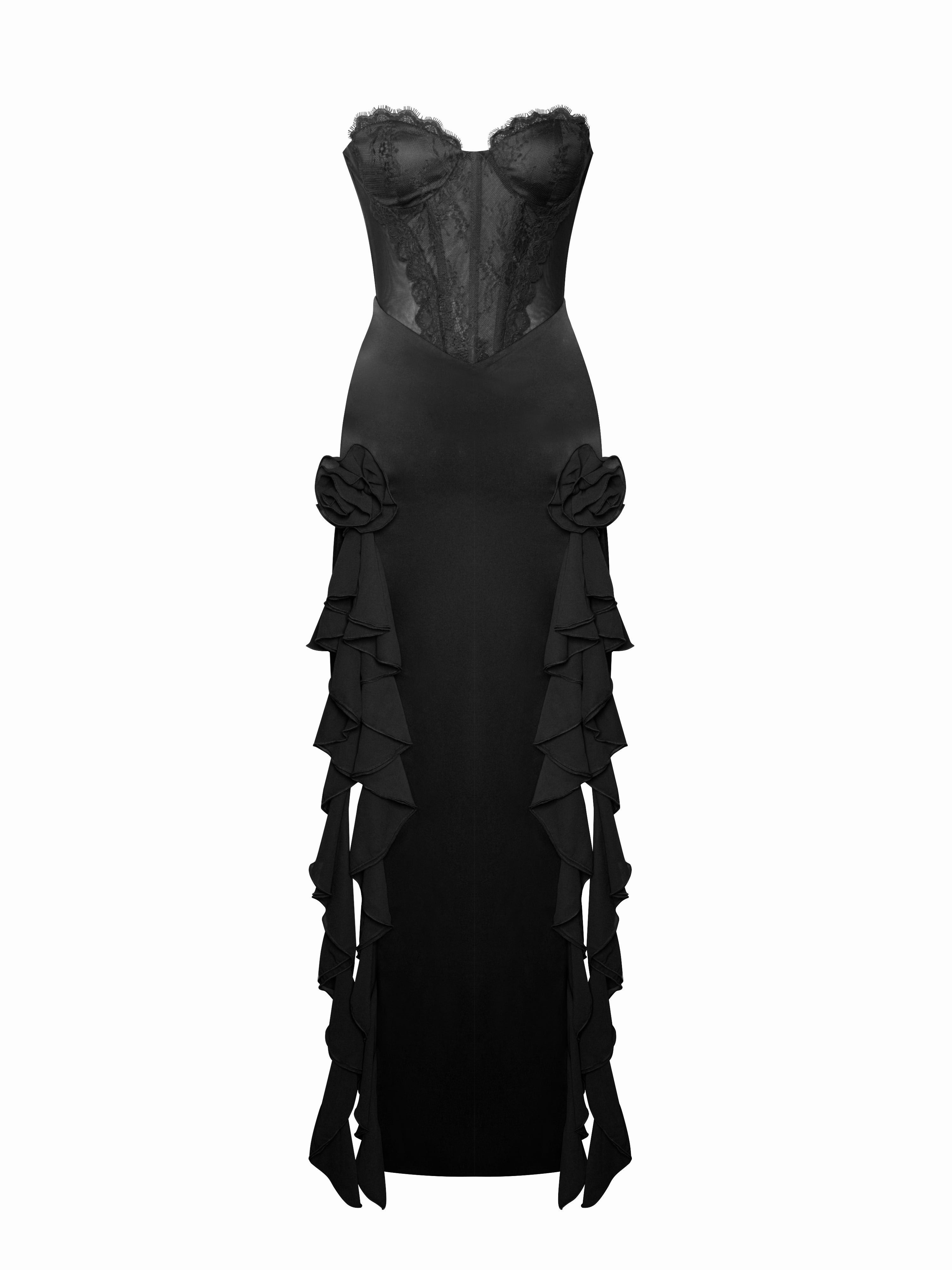 Talia Black Satin Lace Corset Maxi Dress – Miss Circle