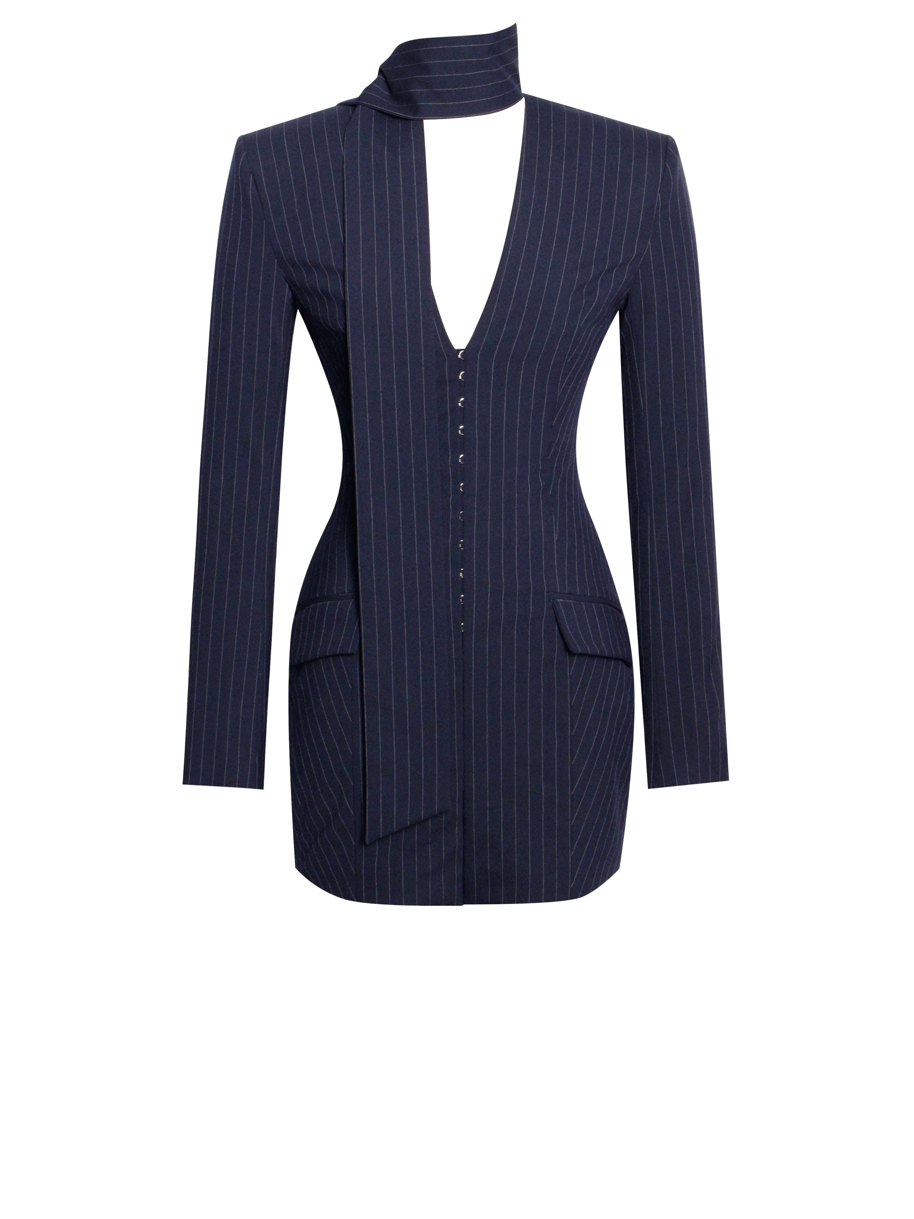 Tahlia Deep V Pinstripes Navy Blue Blazer Dress with scarf collar