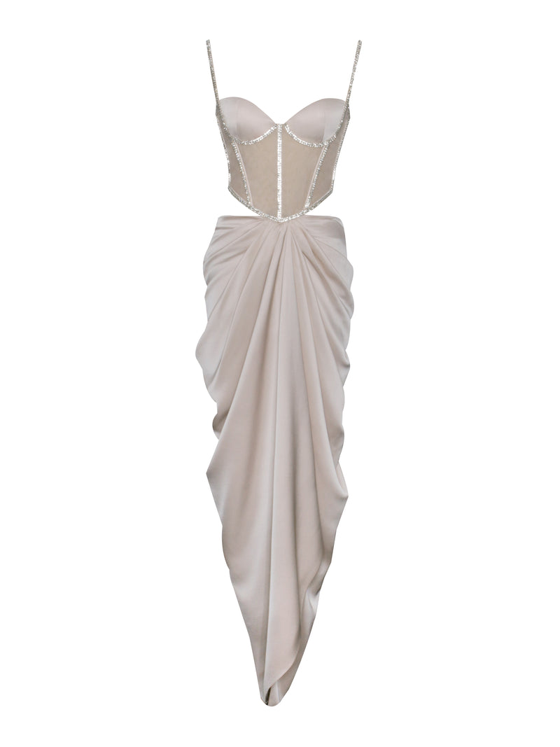 Cadence Champagne Satin Crystal Embellished Corset Dress