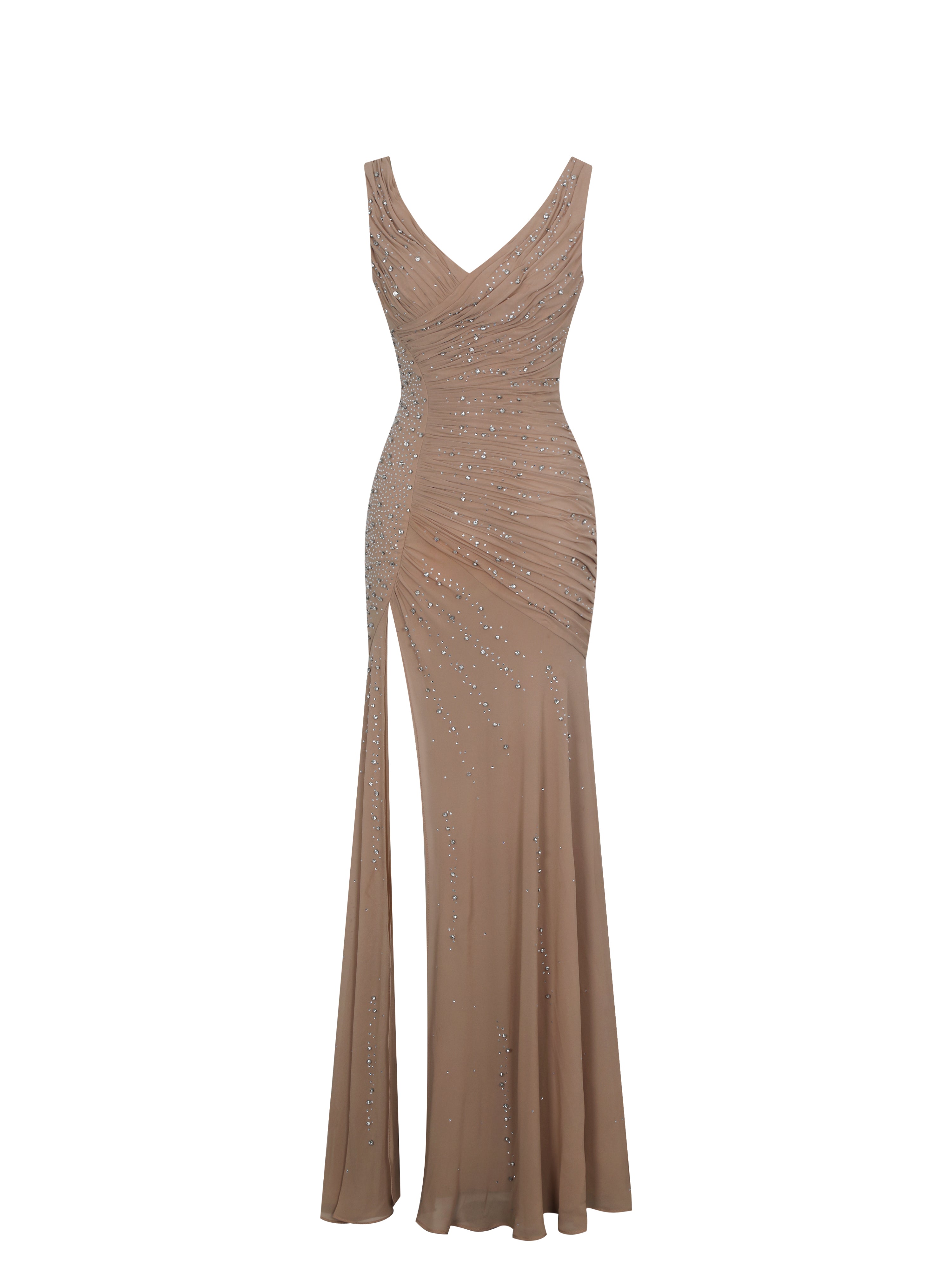 Viveca Apricot Crystal-Embellished Asymmetrical Ruched Maxi Dress