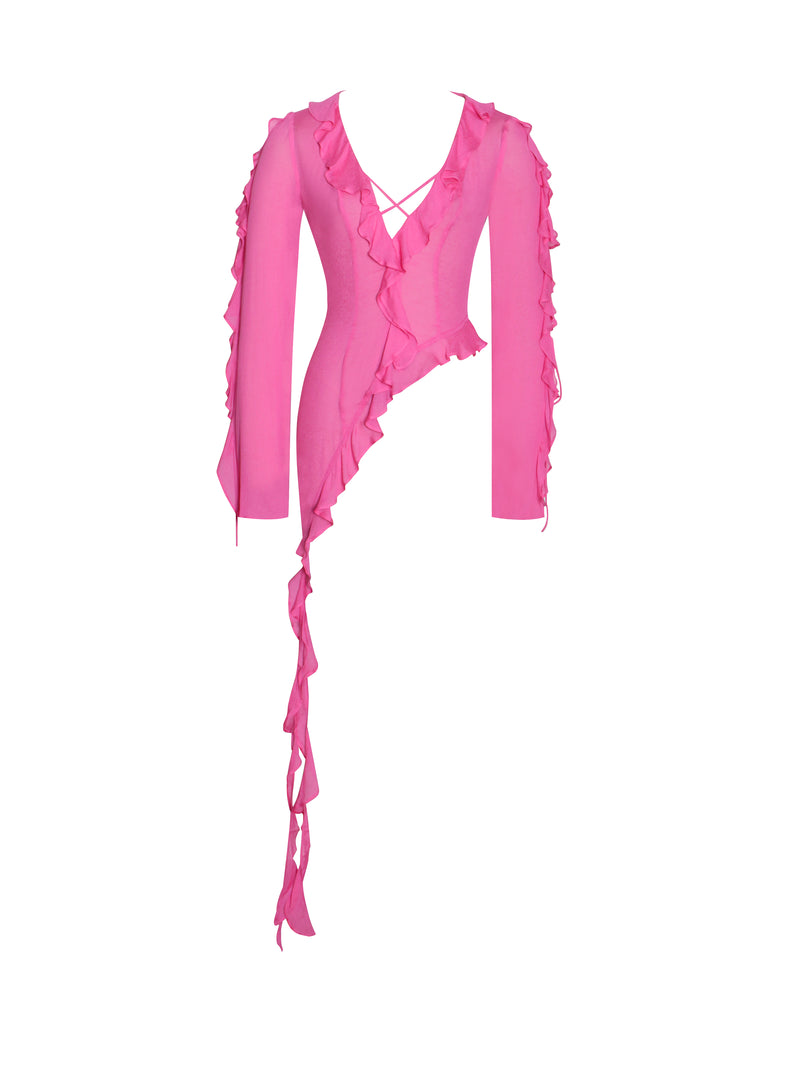 Leena Fuchsia Long Sleeve Draping Ruffle Top