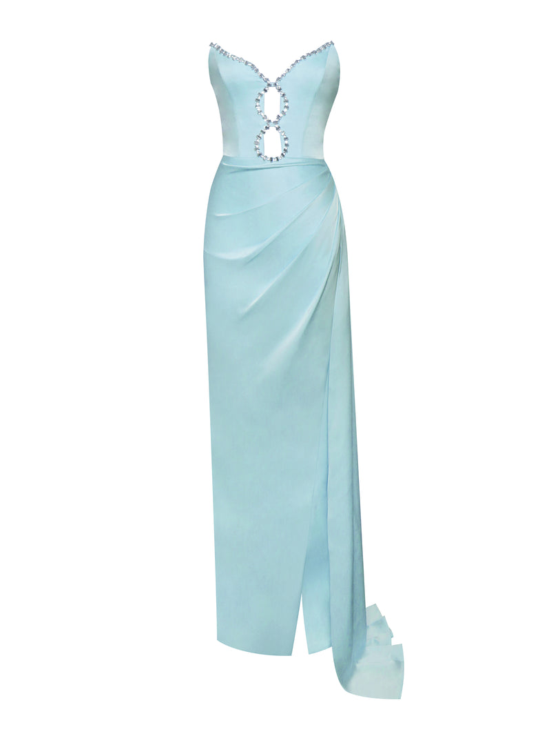 Marilyn Pale Blue Satin Crystal Embellished High Slit Gown
