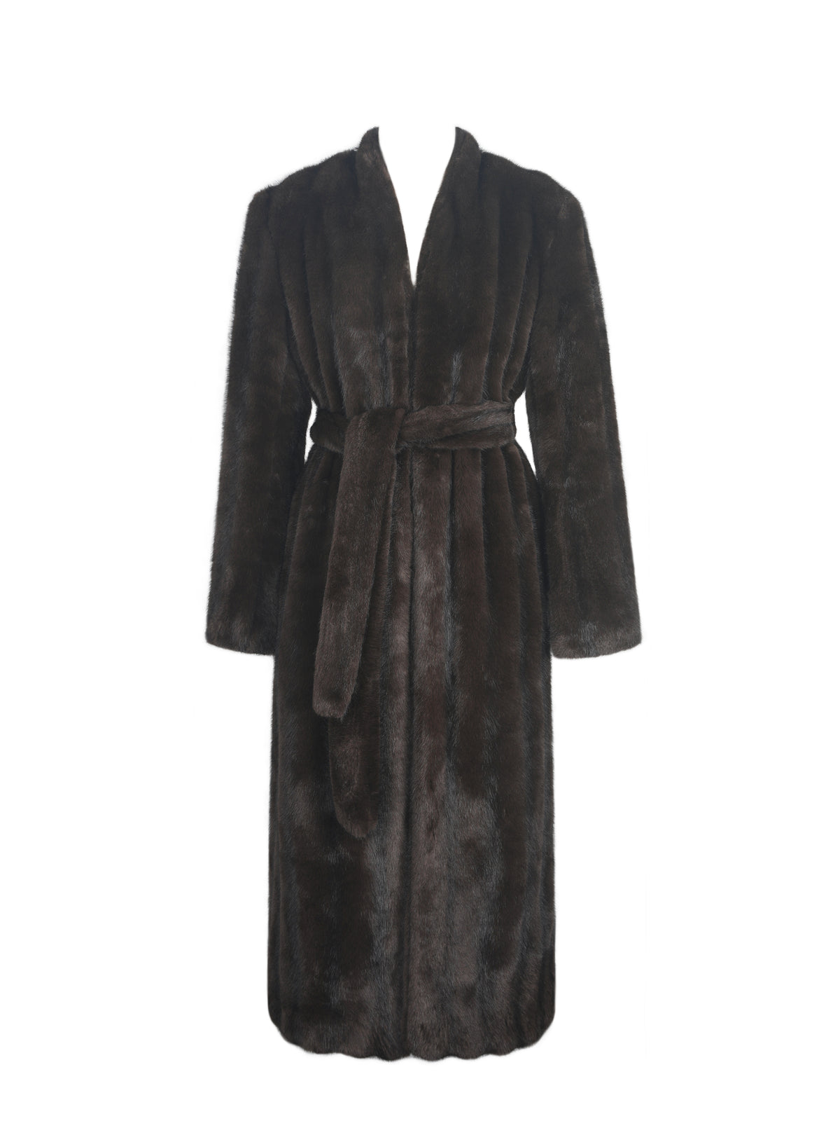 Celine Espresso Faux Mink Belted Longline Coat