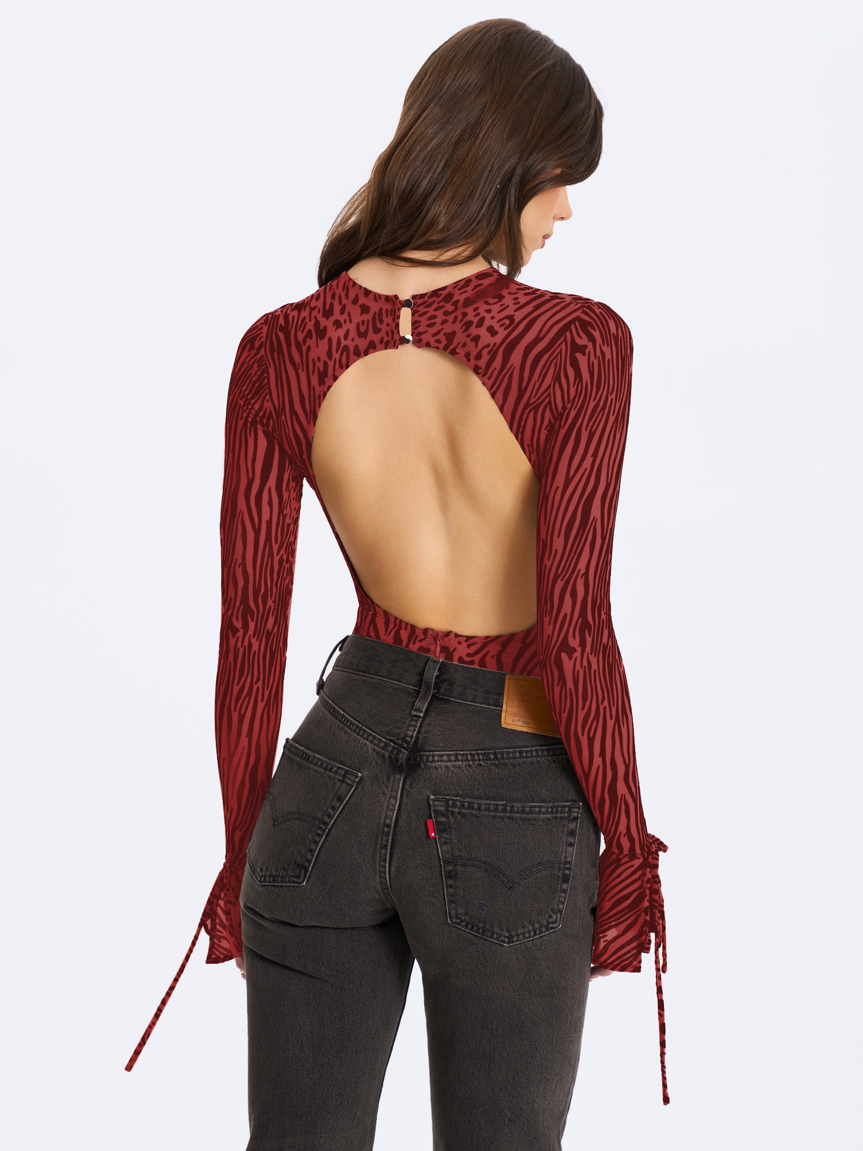 Ibera Burgundy Animal Print Burnout Velvet Long Sleeve Bodysuit