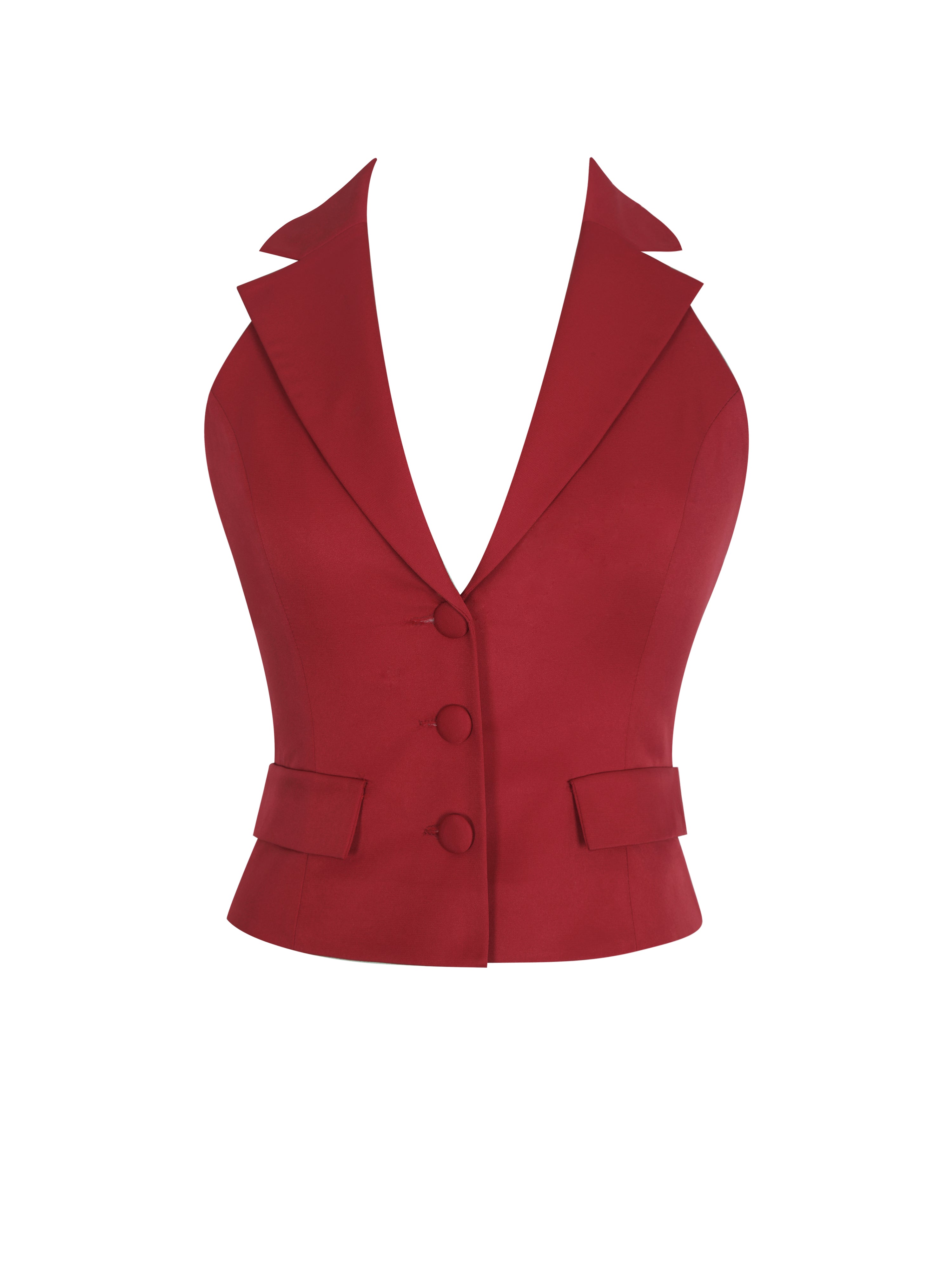 Ursella Crimson Halter Single-Breasted Lapel Top