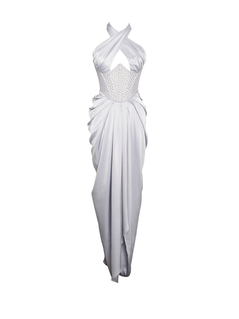 Noemie Silver Crystal Corset Satin Gown