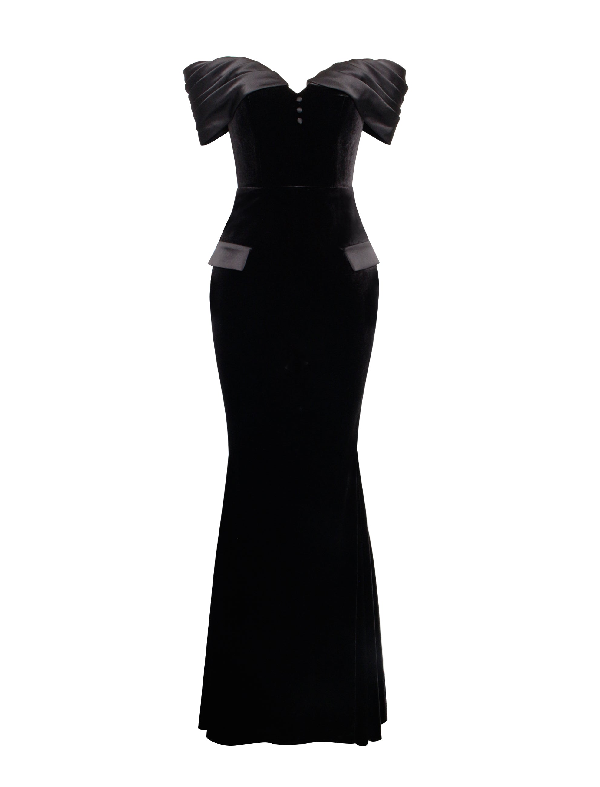 Qamra Black Velvet Off Shoulder Mermaid Maxi Dress