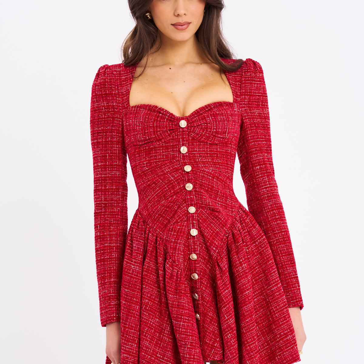 tweed mini dress Miss Circle Women Tae Red Tweed Long Sleeve Drop Waist Mini Dress