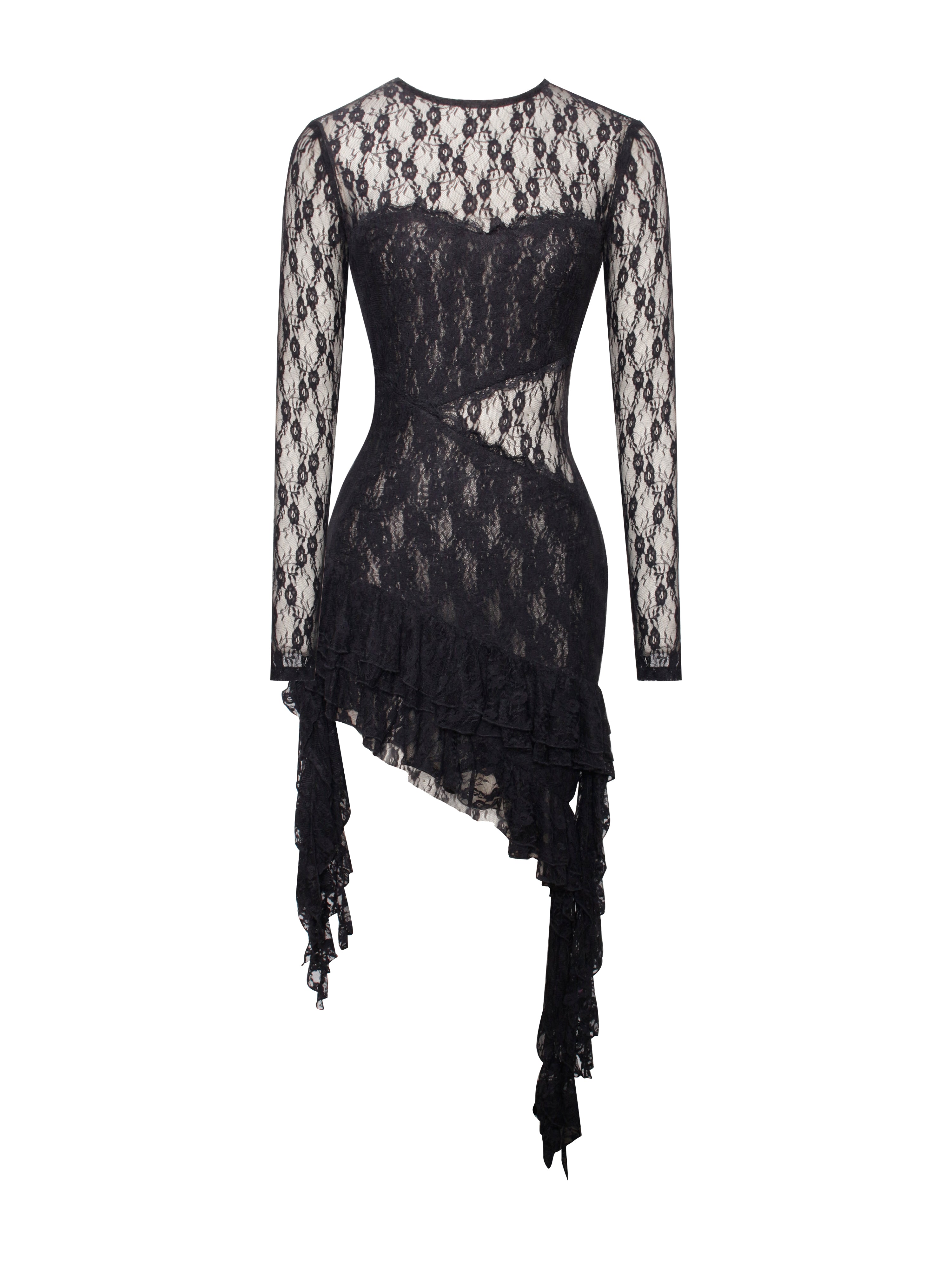 Omaira Black Lace Long Sleeve Ruffle Dress