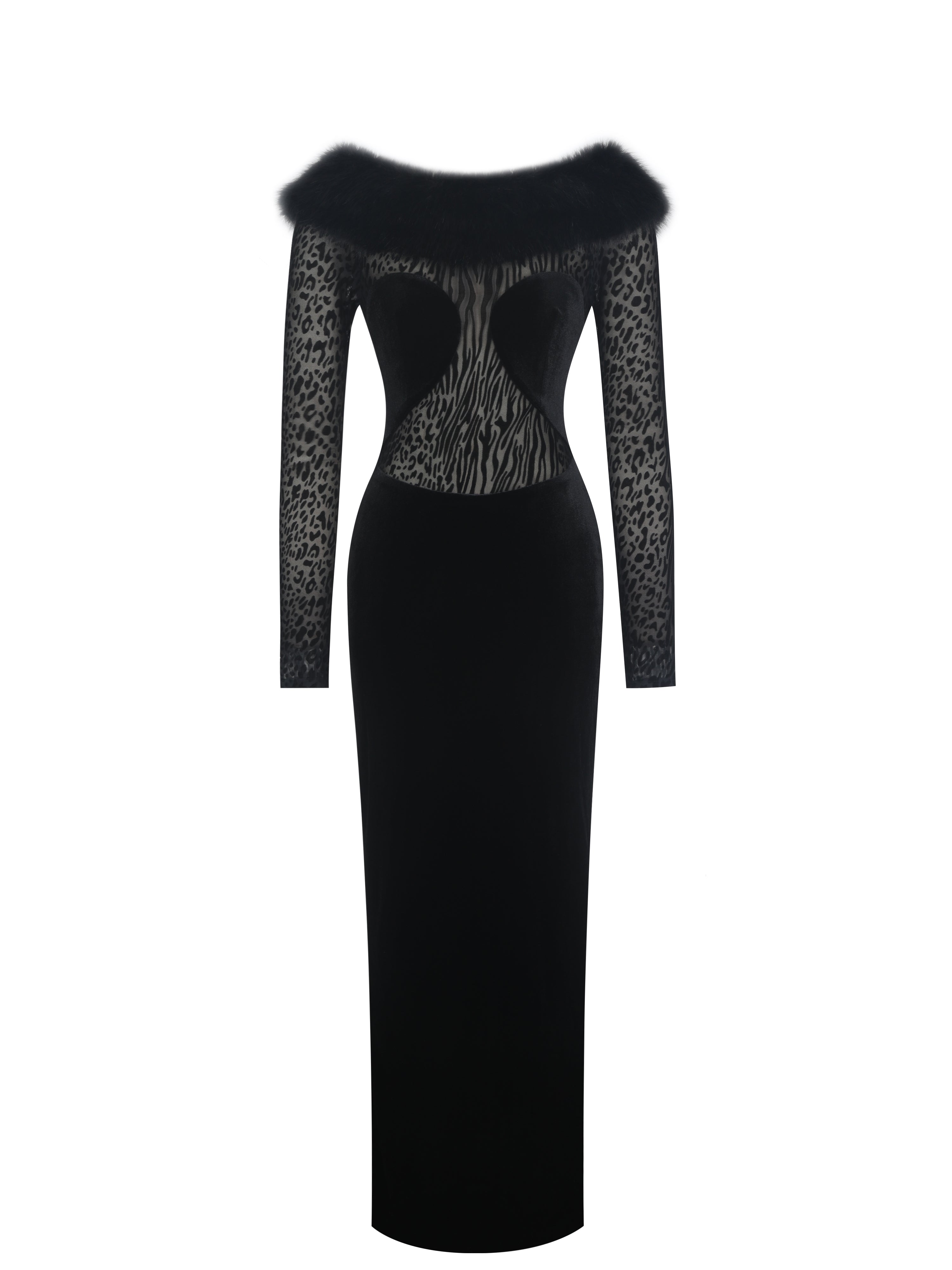 Alexis Black Animal Print Fur Boatneck Maxi Dress