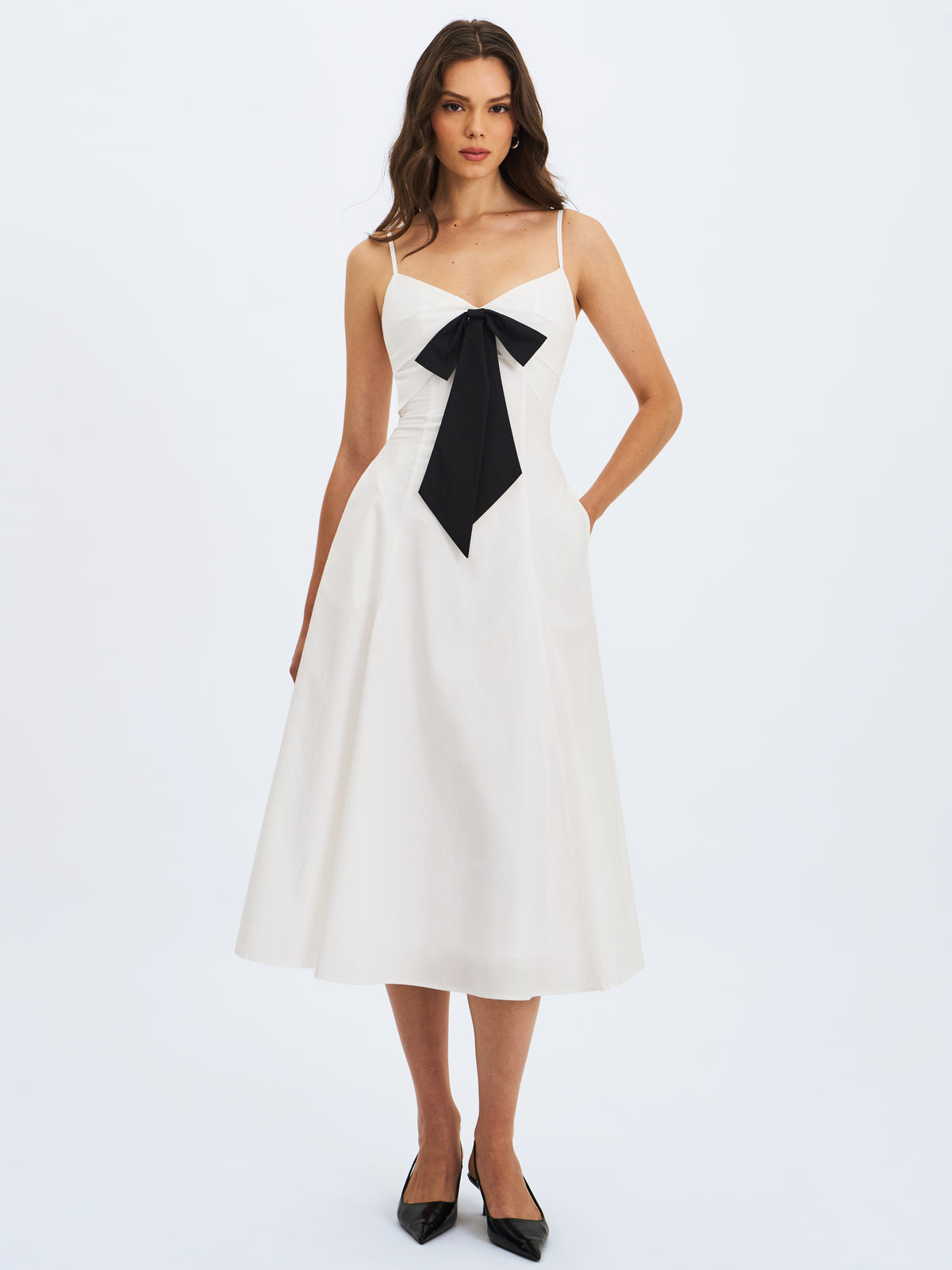 Corinne White Poplin Flared Midi Dress with Removable Bow