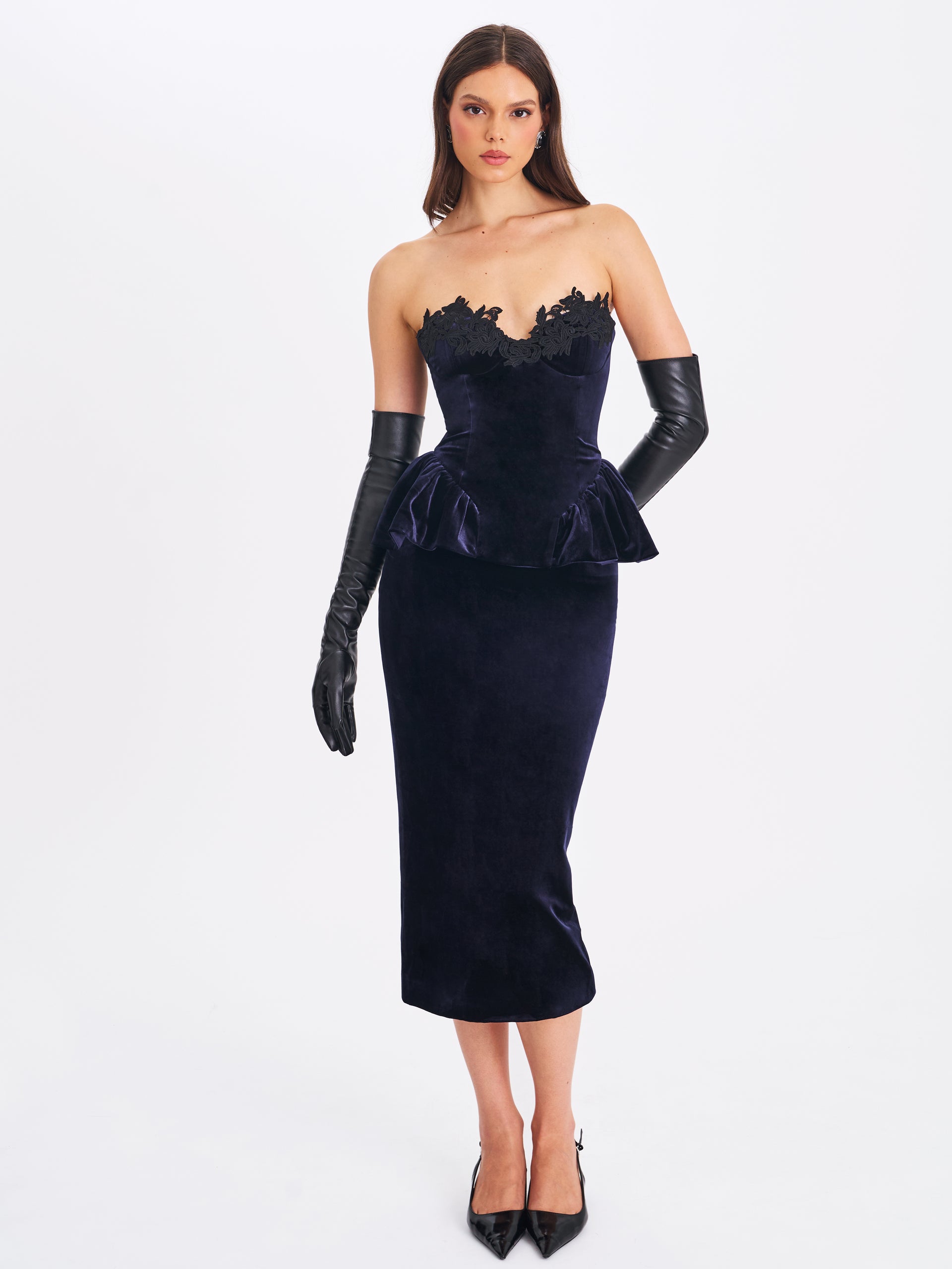 Miss Circle Women Pascha Black Lace Appliqué Strapless Peplum Midi Dress
