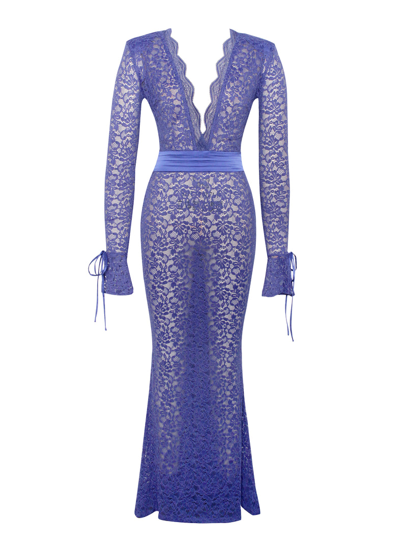 Giada Navy Lace Deep V Long Sleeve Maxi Dress
