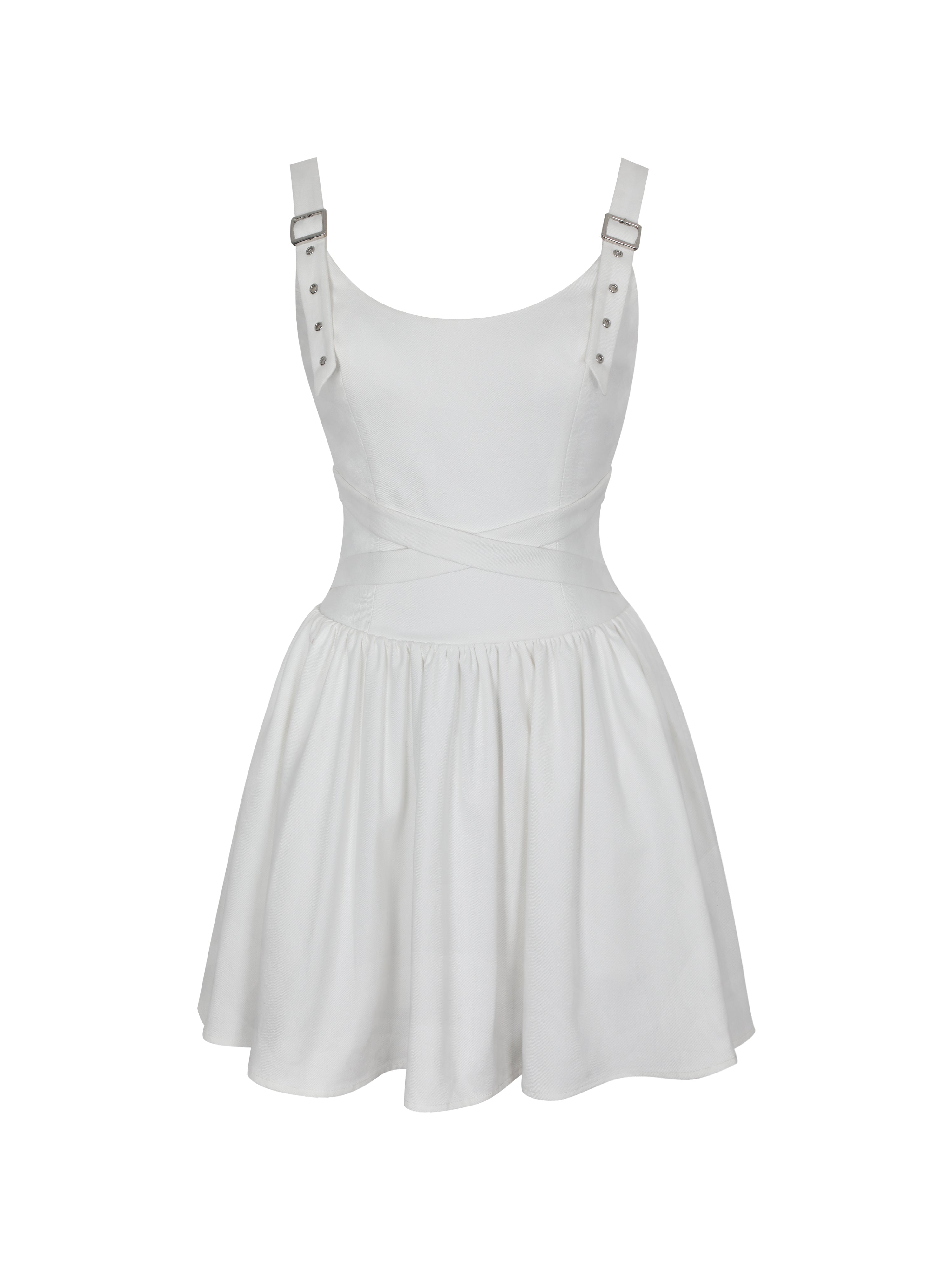 Francine White Cotton Denim Crossover Strap Mini Dress