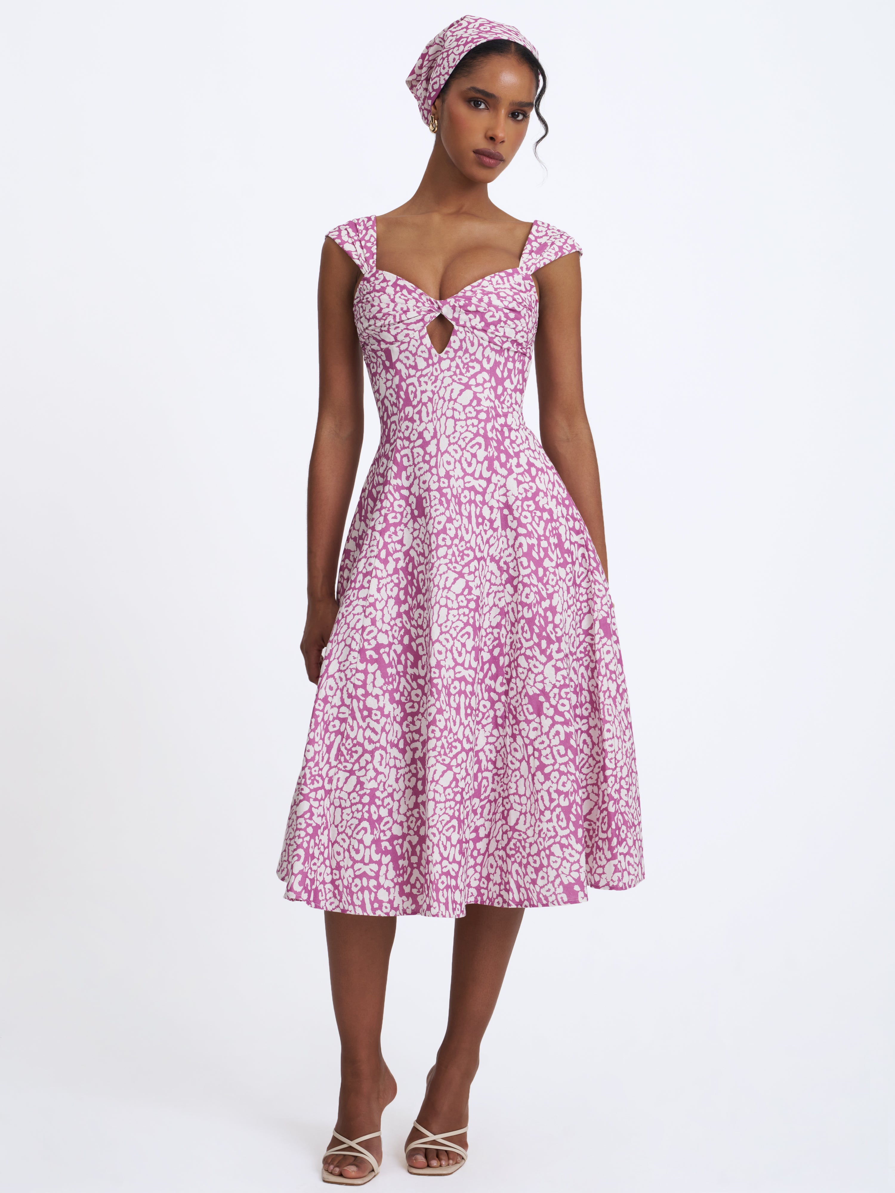 Wynonna Mauve Cheetah Linen Keyhole Midi Dress