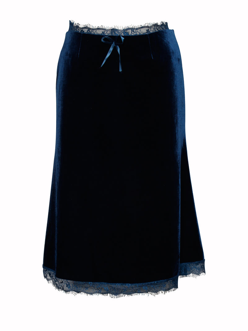 Lorraine Teal Velvet Skirt With Lace Trim