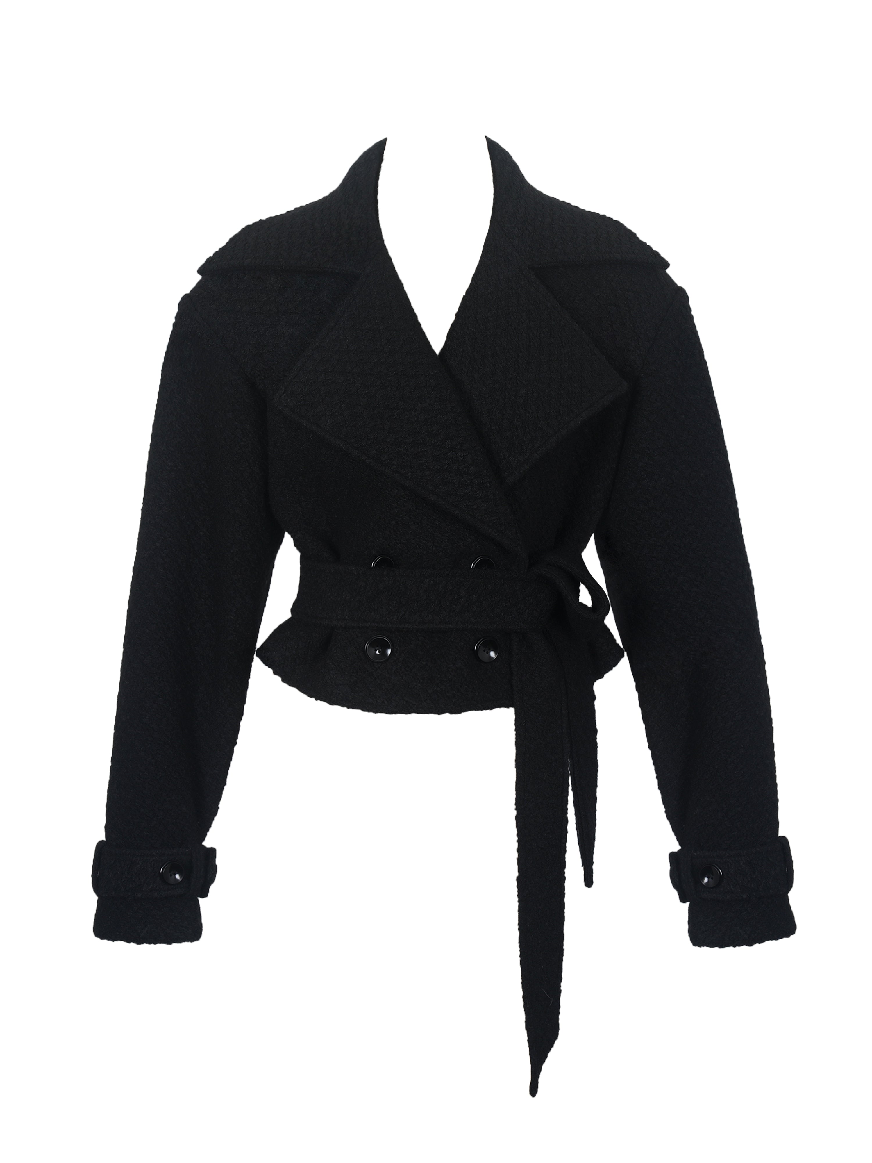 Dara Black Wool Blend Cropped Double-Breasted Belted Coat