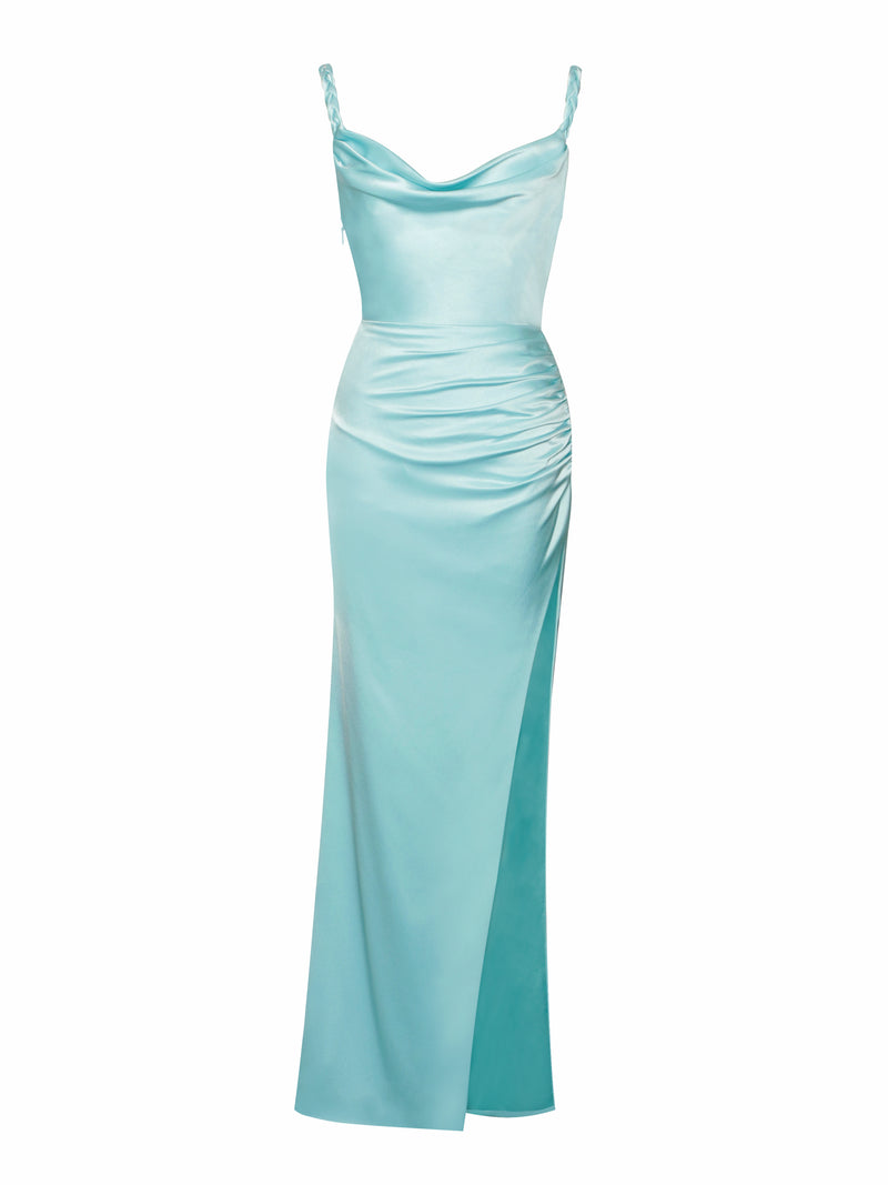RSM66989 Blue Elegant Flowy Sexy Sling Evening Dress Pearl Beading Pattern  Design Frill Lace Backless Gradient Long Skirt - wedding dress