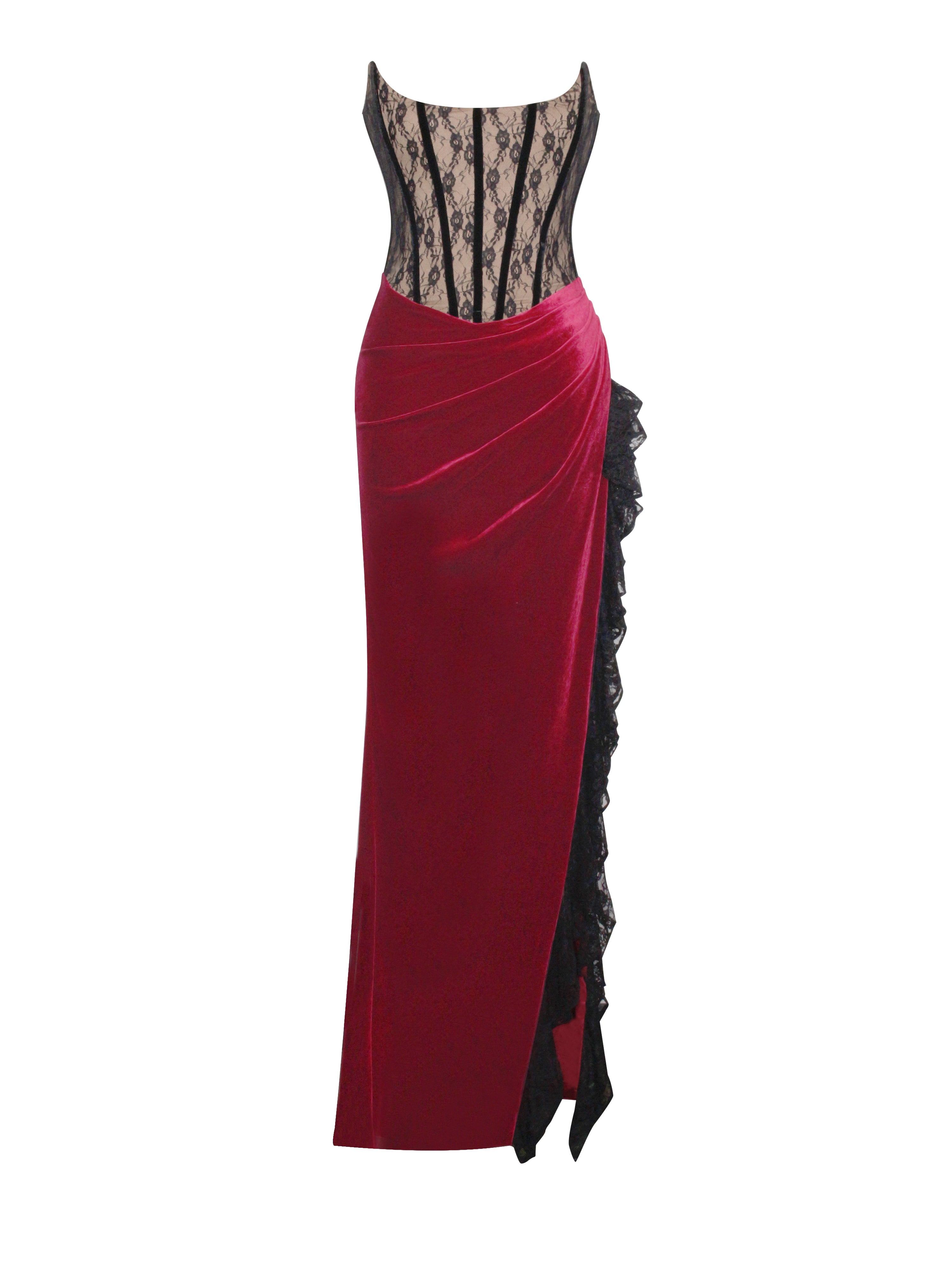 Gaia Burgundy Lace Velvet Corset Side Slit Dress