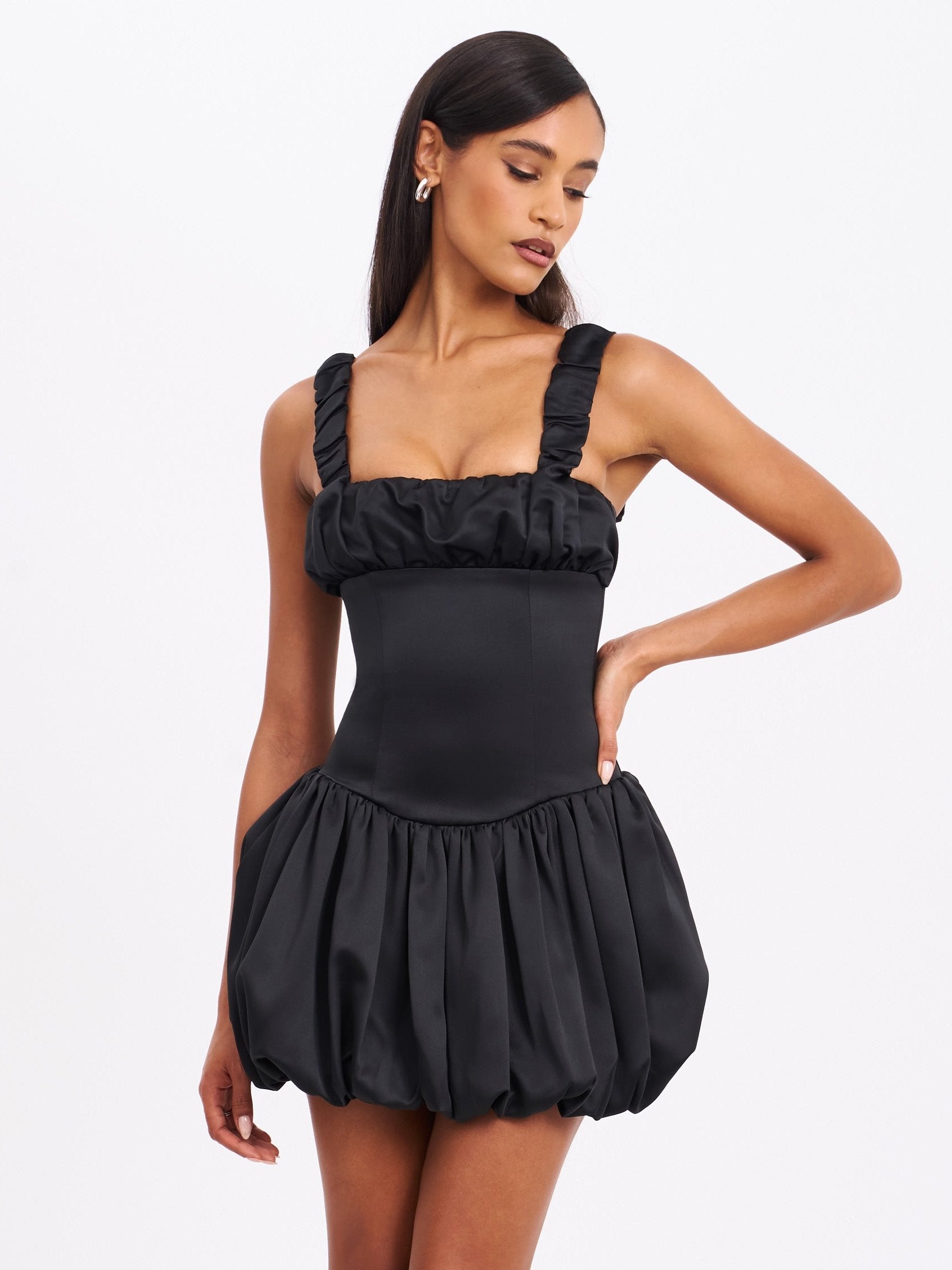 Aubrey Black Satin Bubble Hem Mini Dress