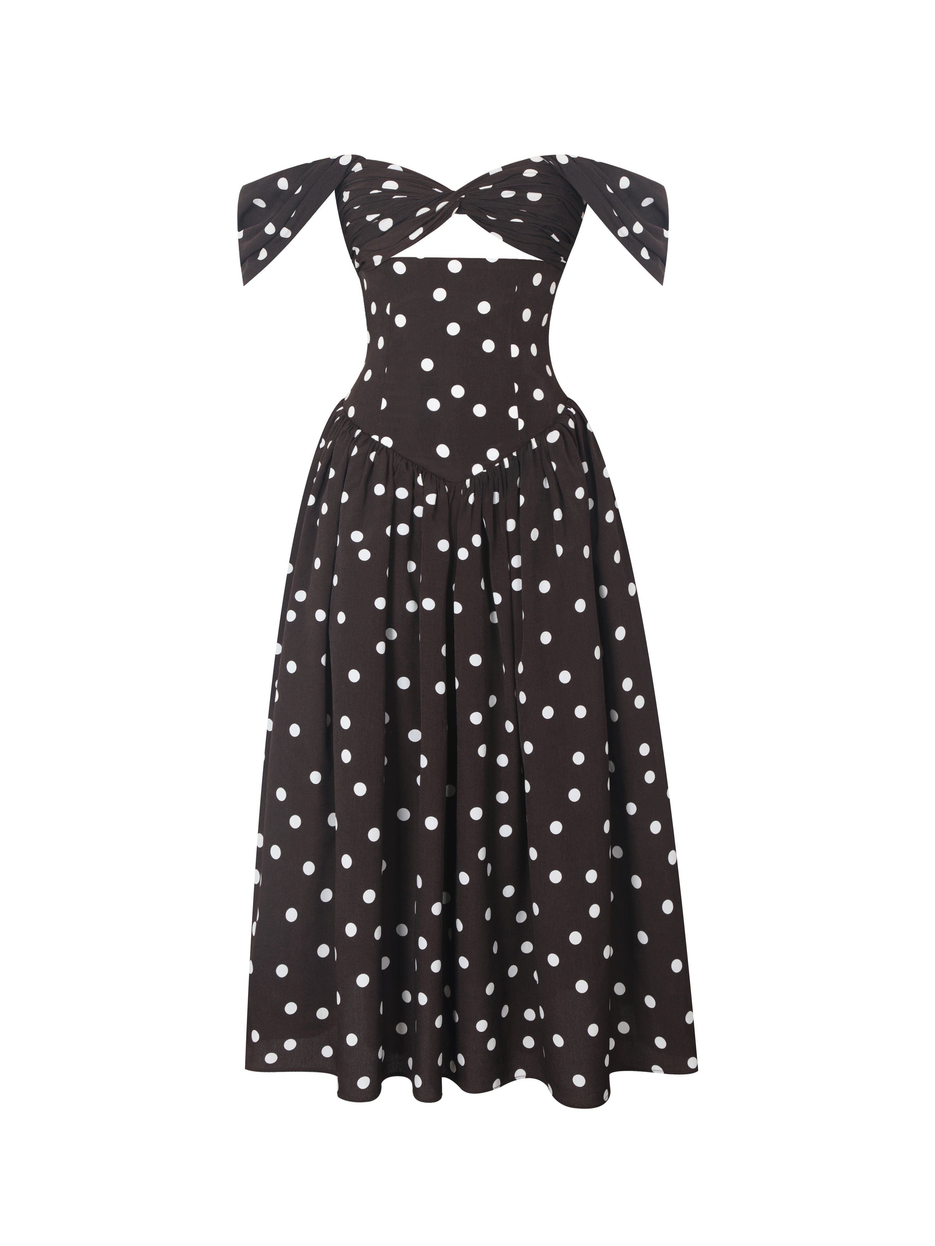 Xandie Mocha Polka Dot Off-Shoulder Midi Dress