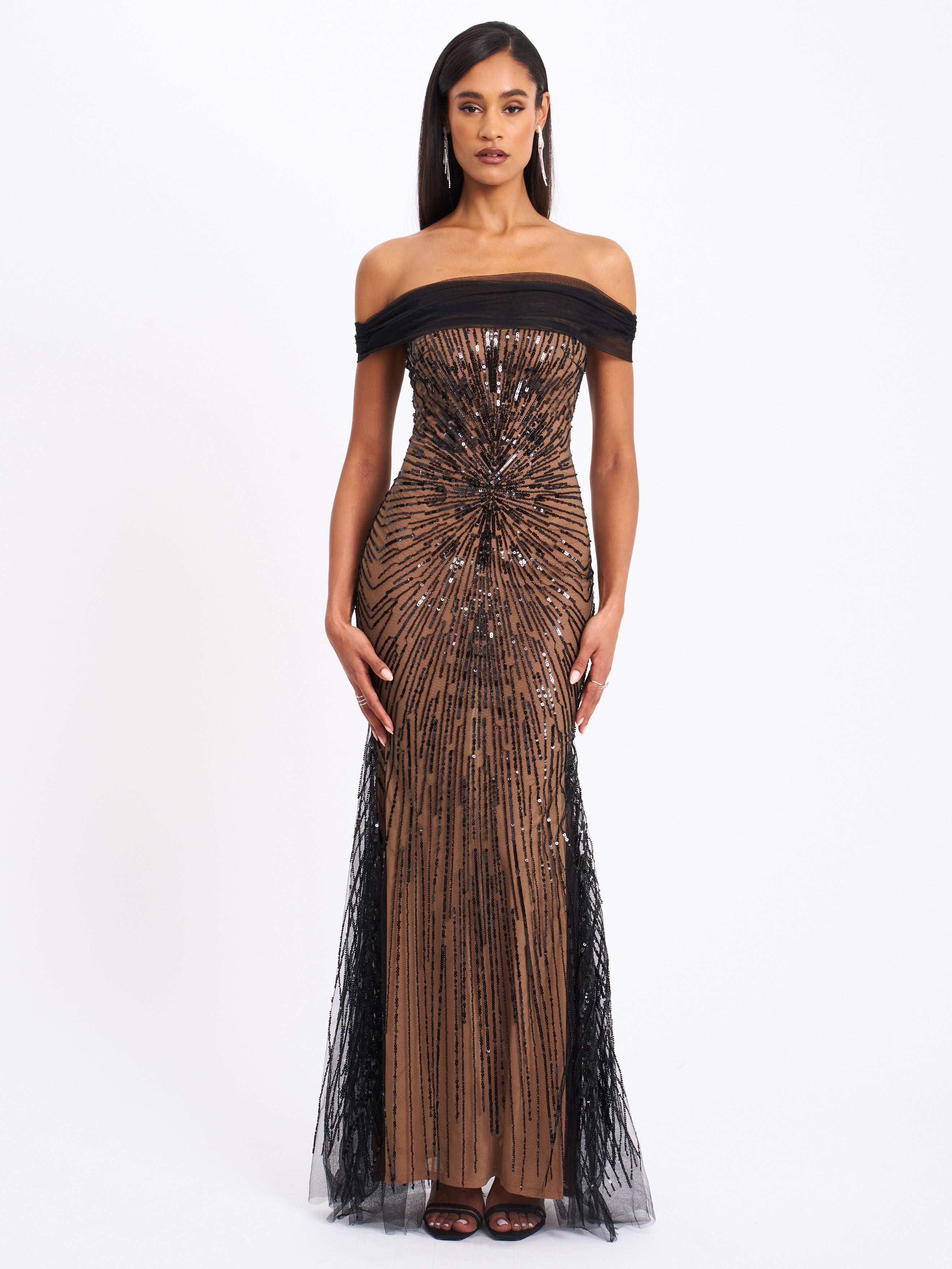 Qeturah Embroidered Sequin Off Shoulder Mesh Gown