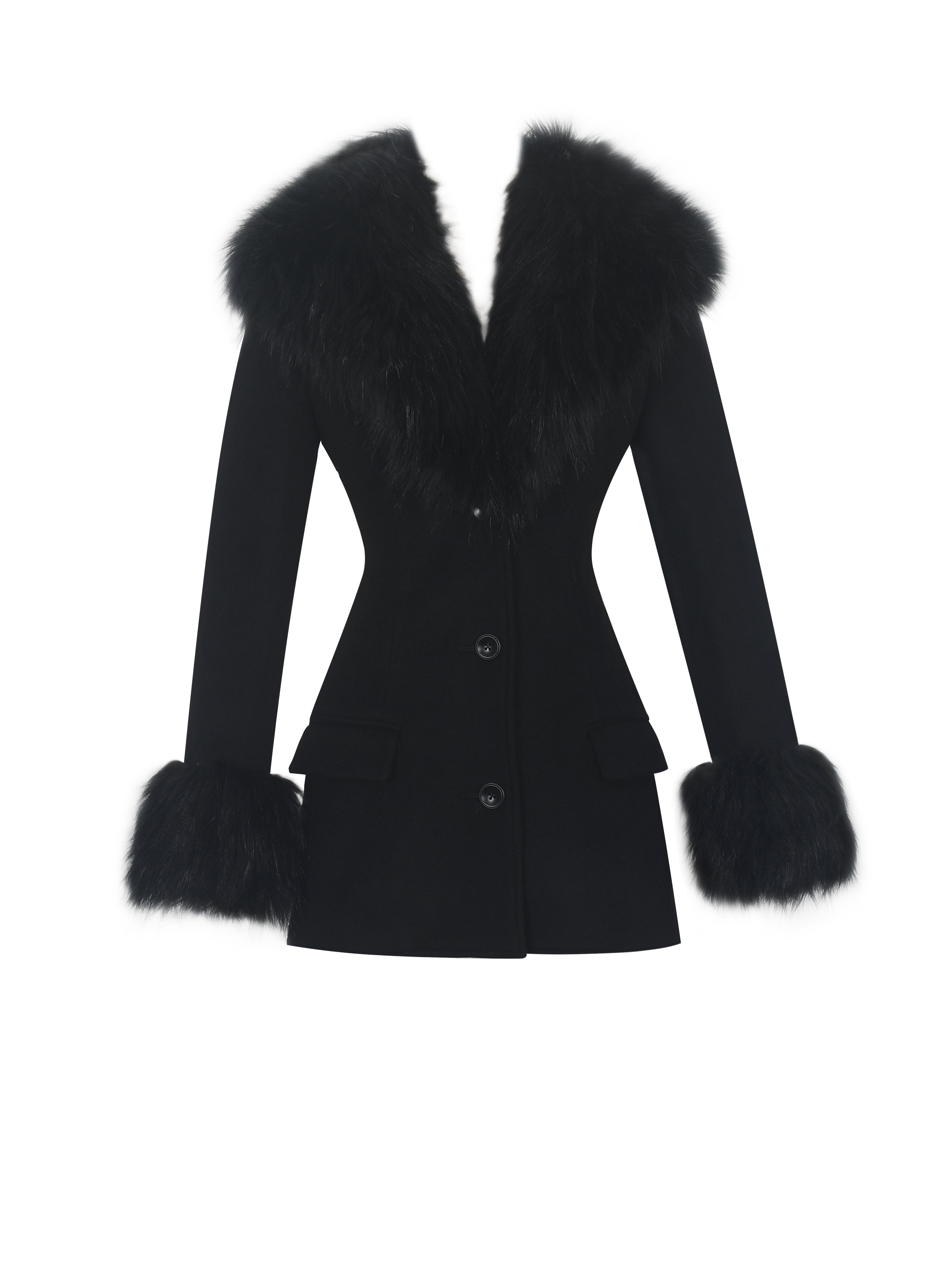 Hailee Black Single Breasted Wool Blend Mini Coat with Removable Fur Lapel