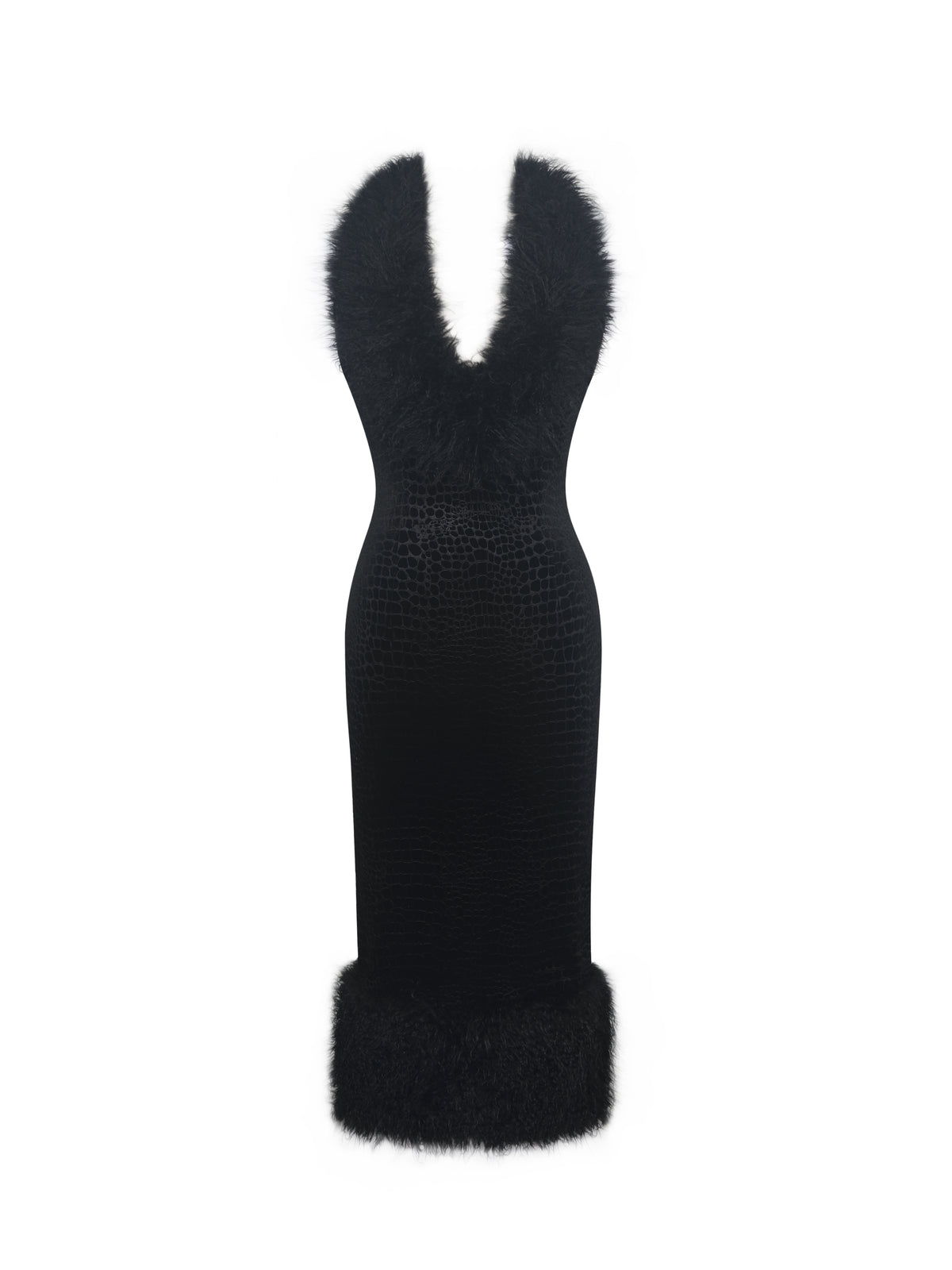 Onalee Black Croc-Embossed Velvet Fur Midi Dress