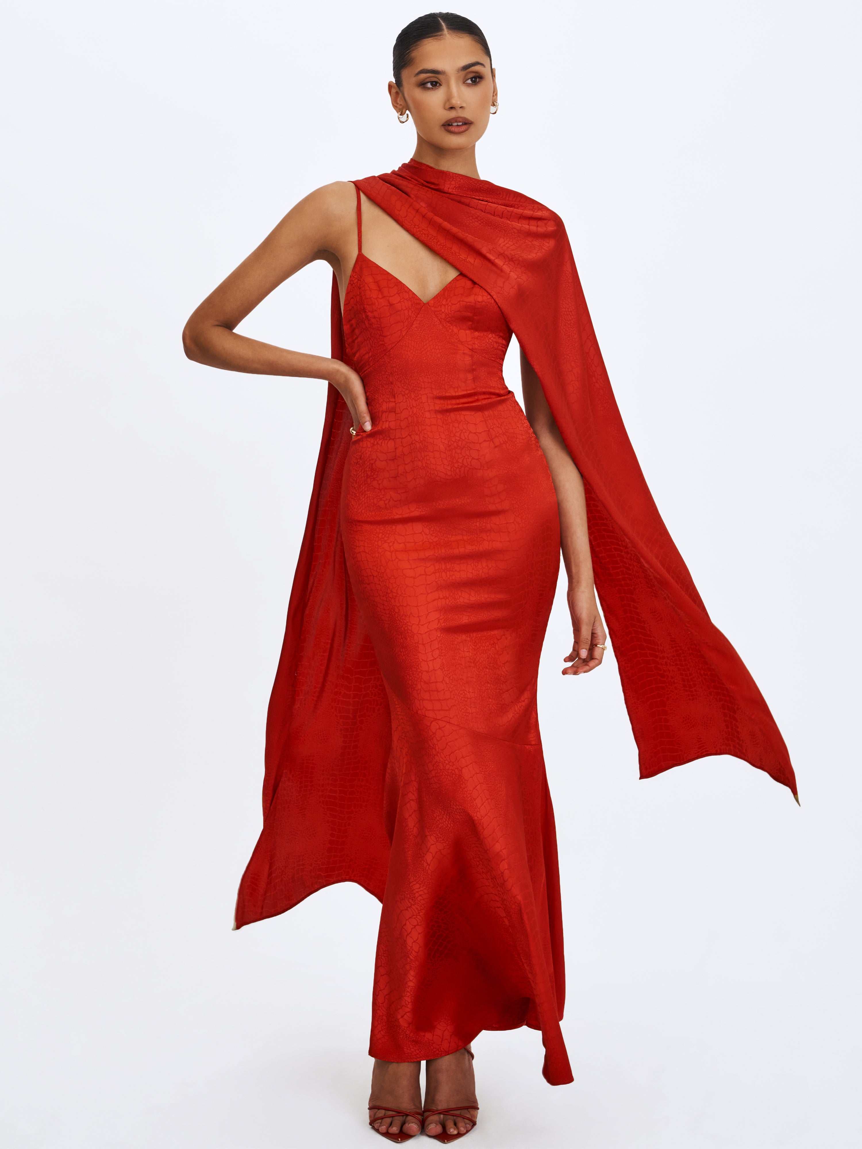 Kelsey Scarlet Croc-Embossed Flared Hem Maxi Dress with Scarf