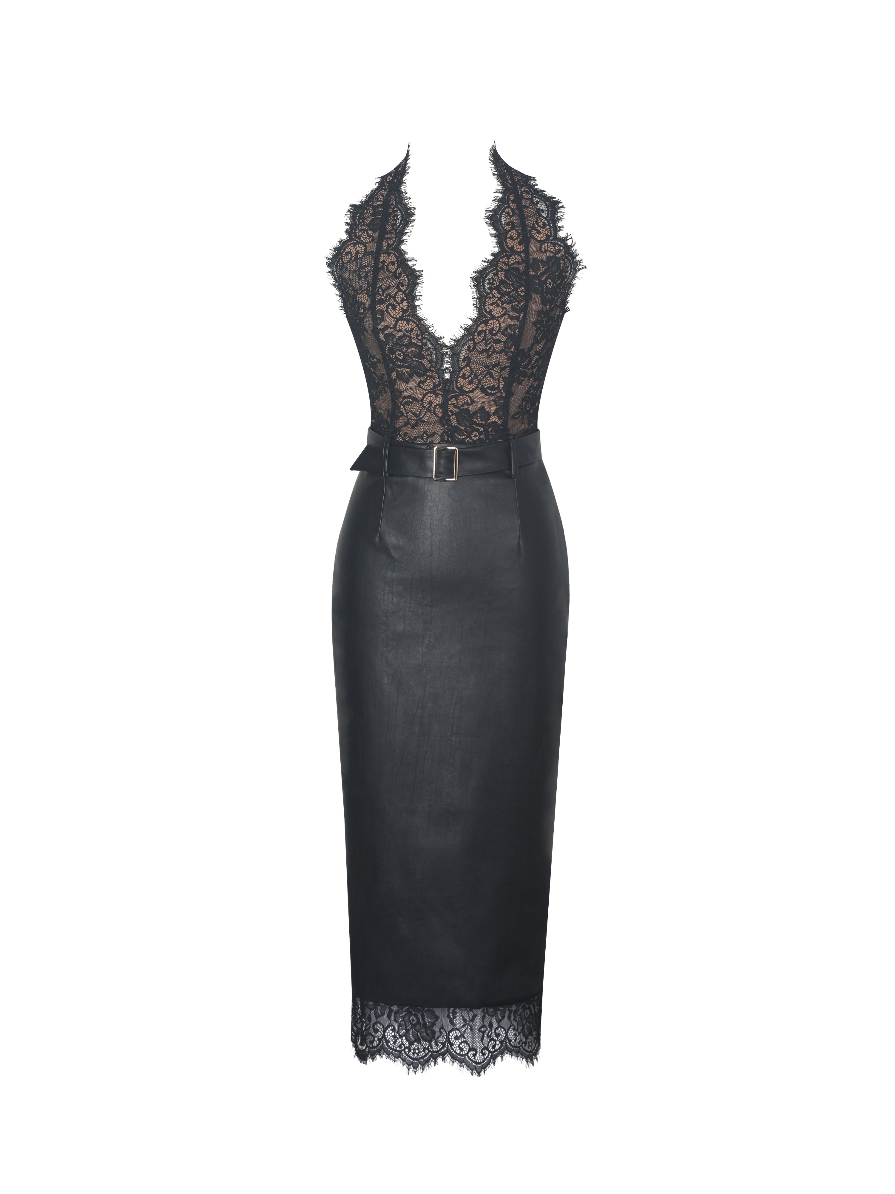 Fiera Black Plunging Halter Belted Midi Dress